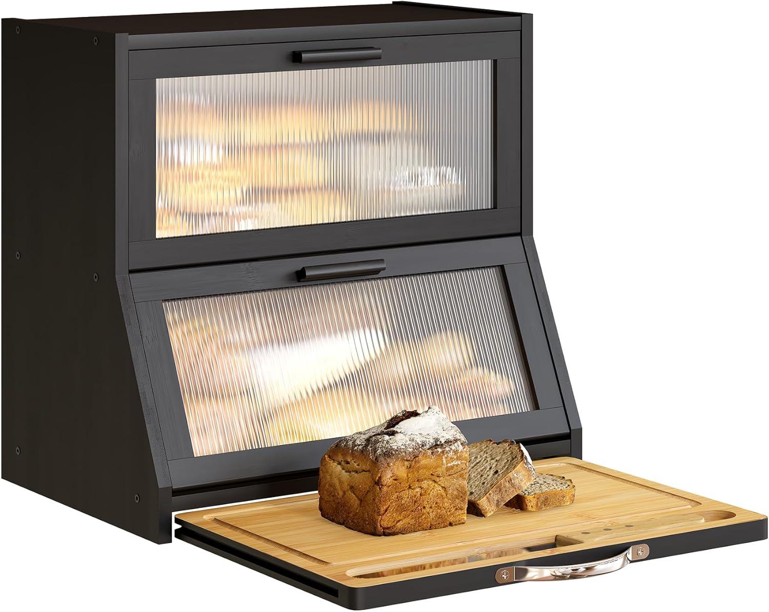 Prep & Savour Large Bread Box For Kitchen Counter, Bamboo Wooden Double Layer Large Capacity Bread Storage Bin With Acrylic Wavy Door Panel (Natural + Cutting Board)