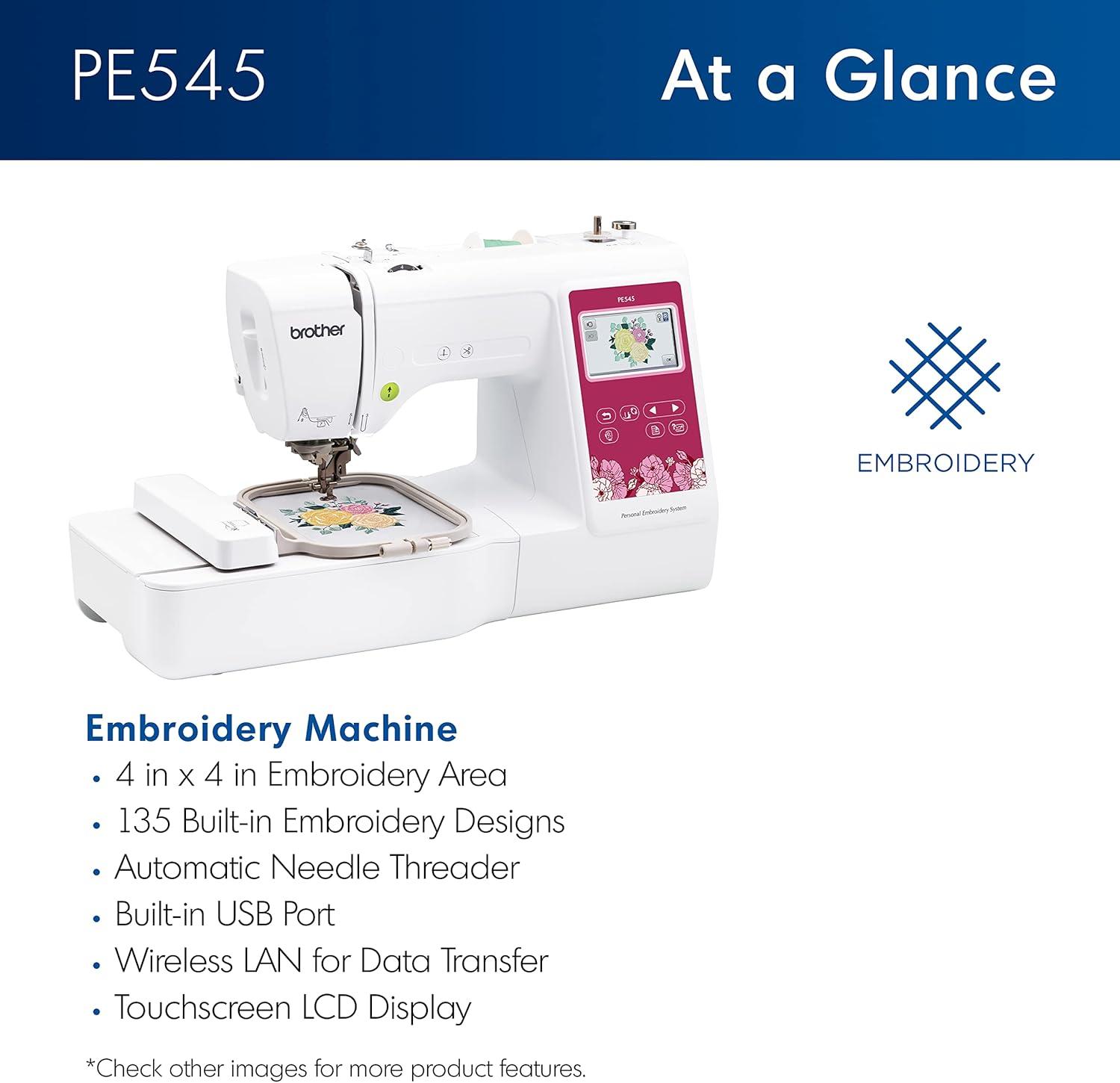 Brother PE545 Embroidery Machine, Wireless LAN Connected and 135 Built-in Designs, Plus 100-Piece 75/11 Embroidery Needles