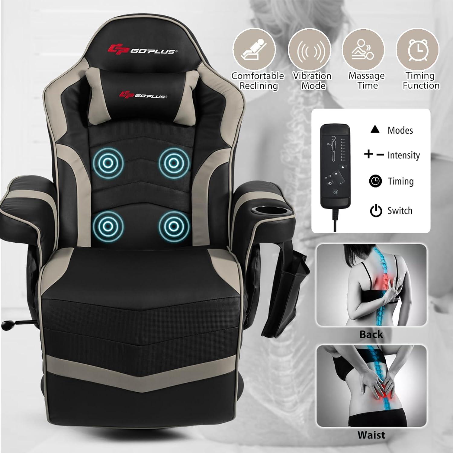 Costway Massage Gaming Recliner Reclining Racing Chair Swivel Gray