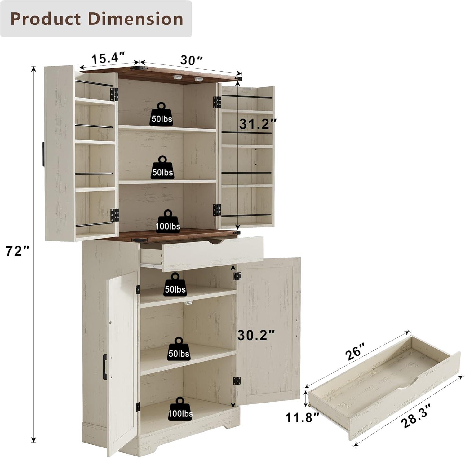 72'' Kitchen Storage Pantry Cabinet, Tall Deajah With 8 Door Shelves, 2 Cabinets And 1 Drawer, Freestanding Cupboard For Kitchen, Dining Room, Bathroom, Laundry