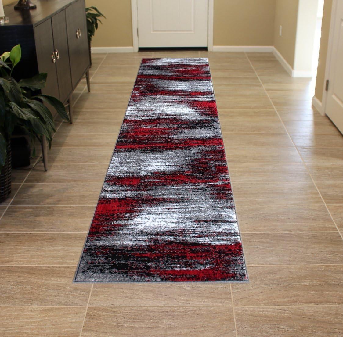 Red Grey Black High Pile Geometric Runner Rug