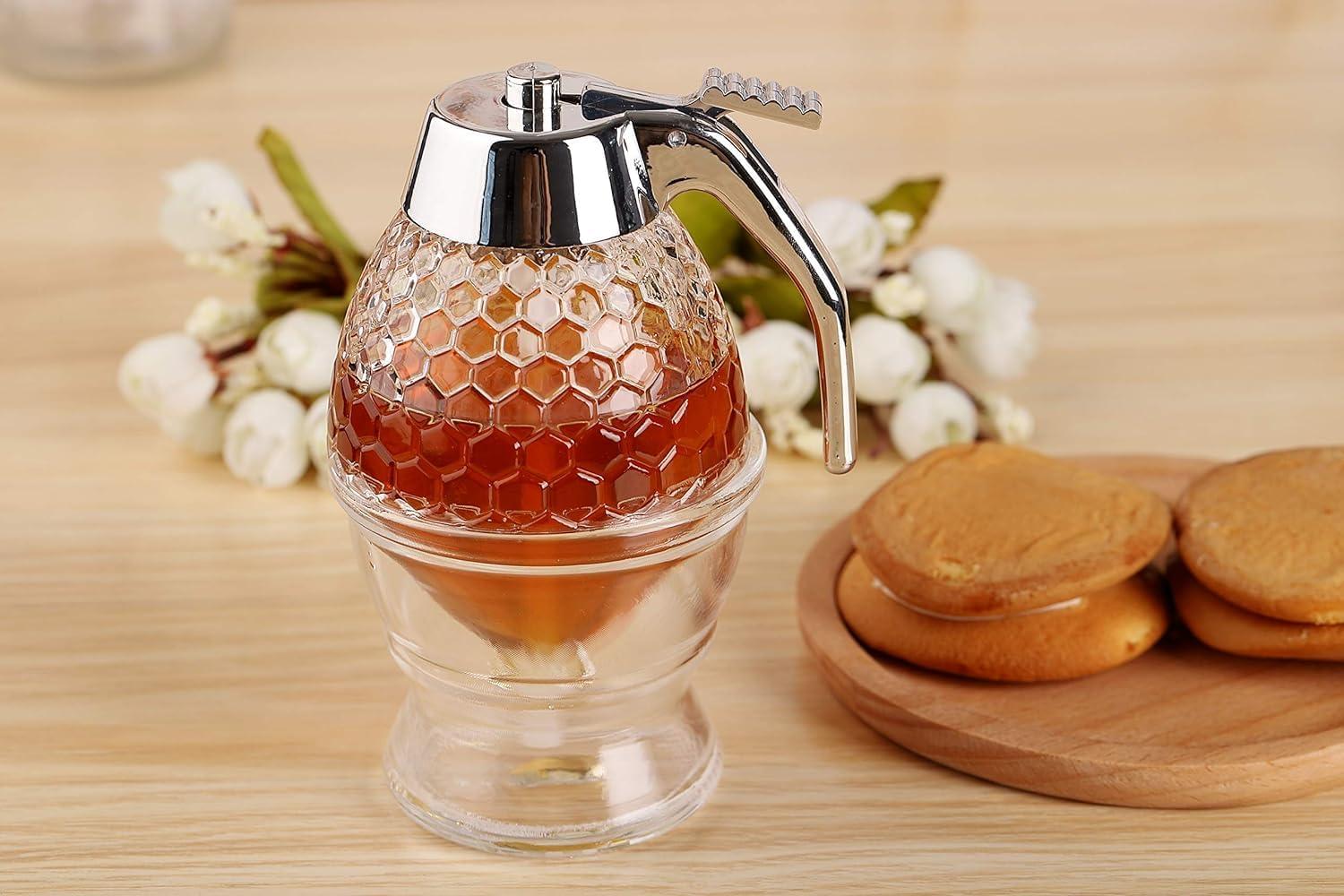 hunnibi Glass Honey Dispenser with Stand and Stainless Steel, Clear