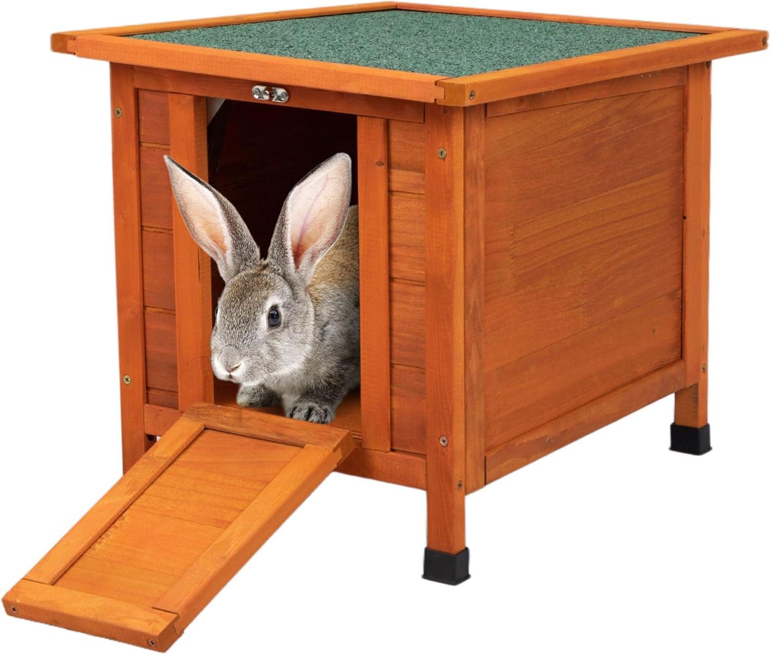 Small Wood Rabbit Hutch Bunny Cage, Raised Cat House with Ladder for Small Animals, Orange