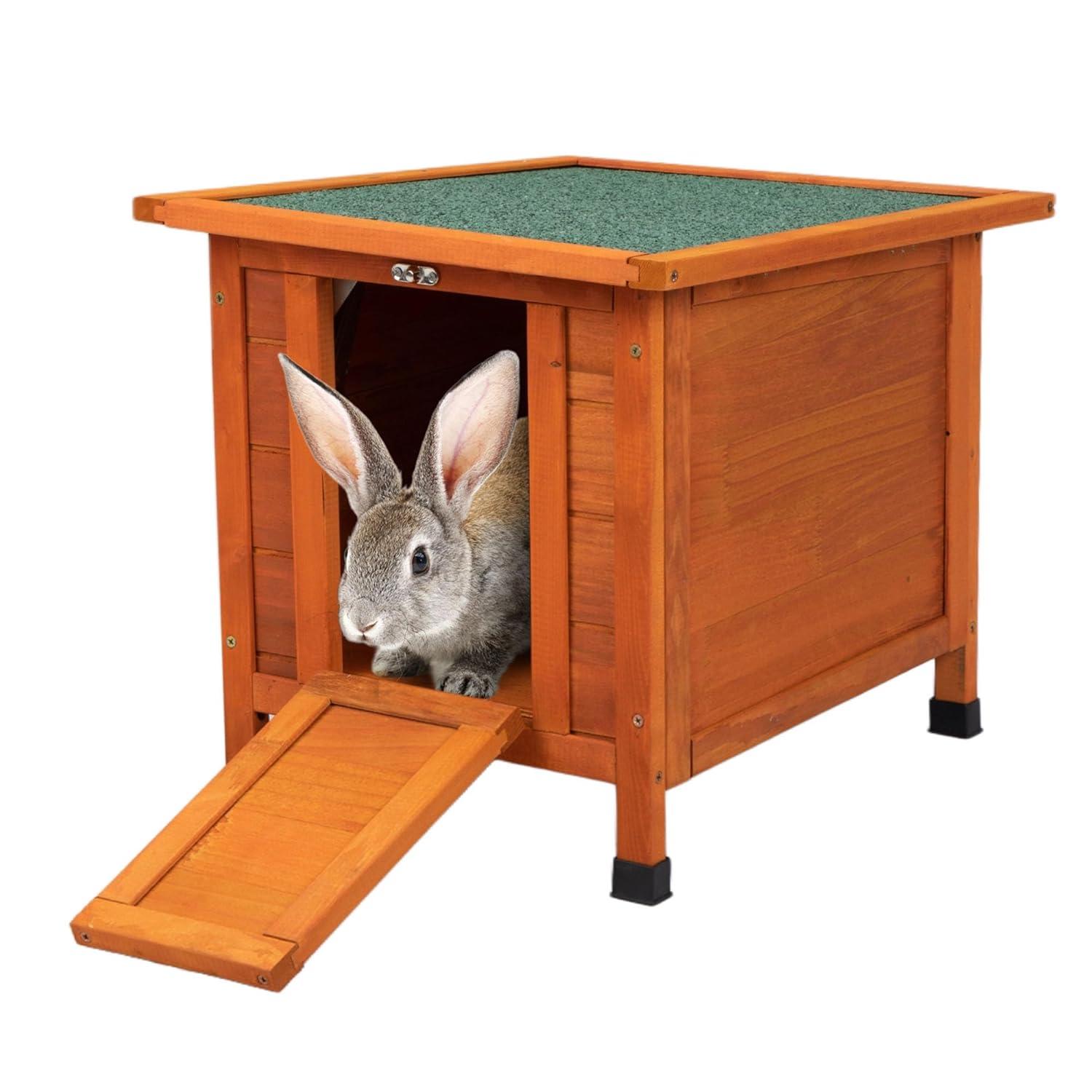 Small Wood Rabbit Hutch Bunny Cage, Raised Cat House with Ladder for Small Animals, Orange