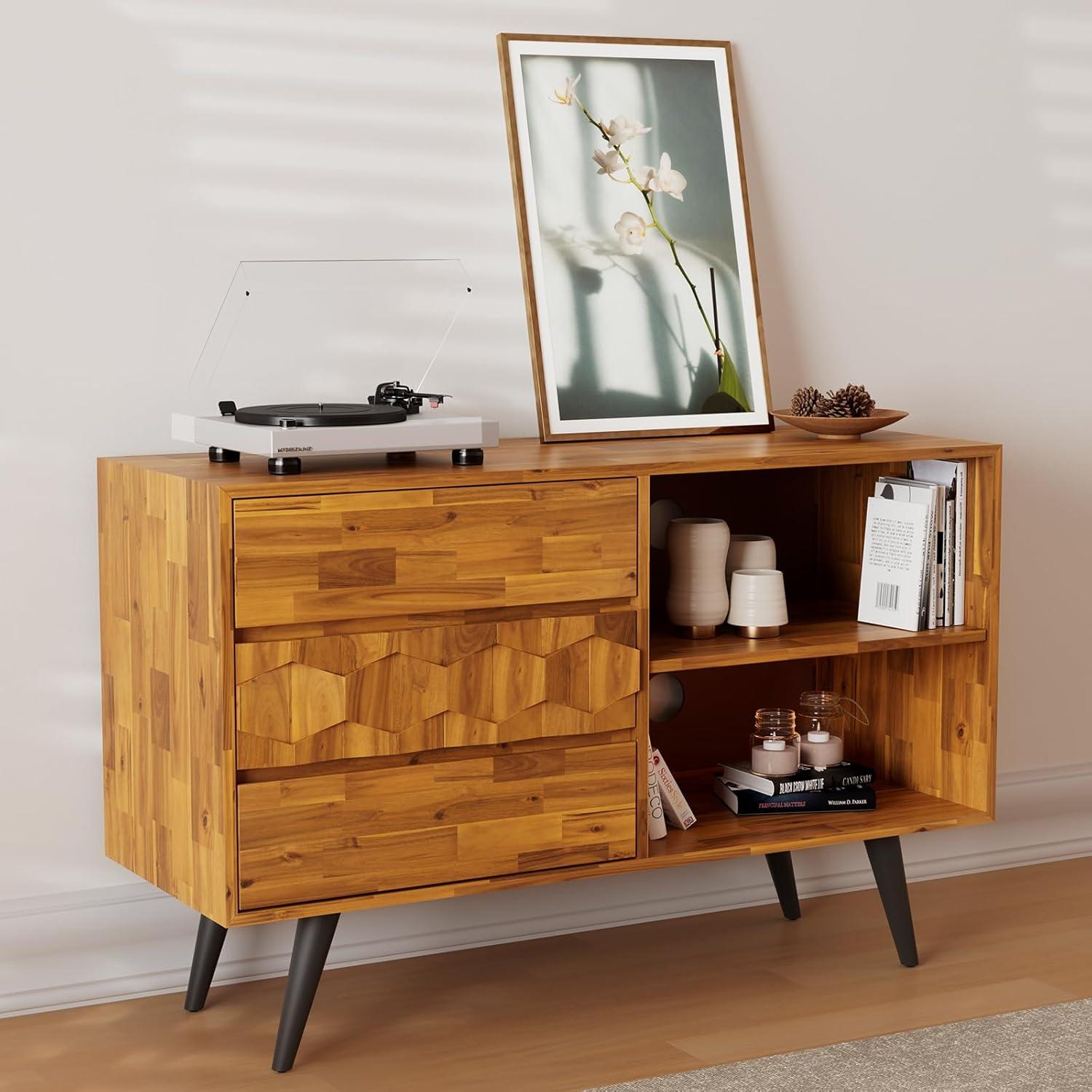 Teak Brown Acacia Wood TV Stand with Geometric Pattern