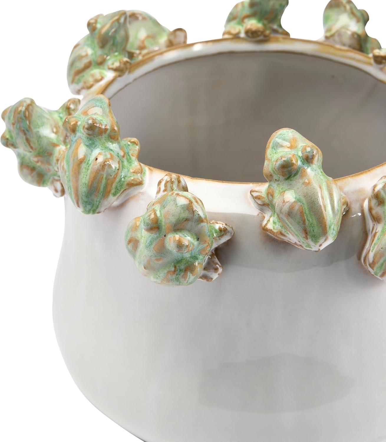 Creative Co-Op Decorative Stoneware Planter with Frog Figurine Rim, White and Green