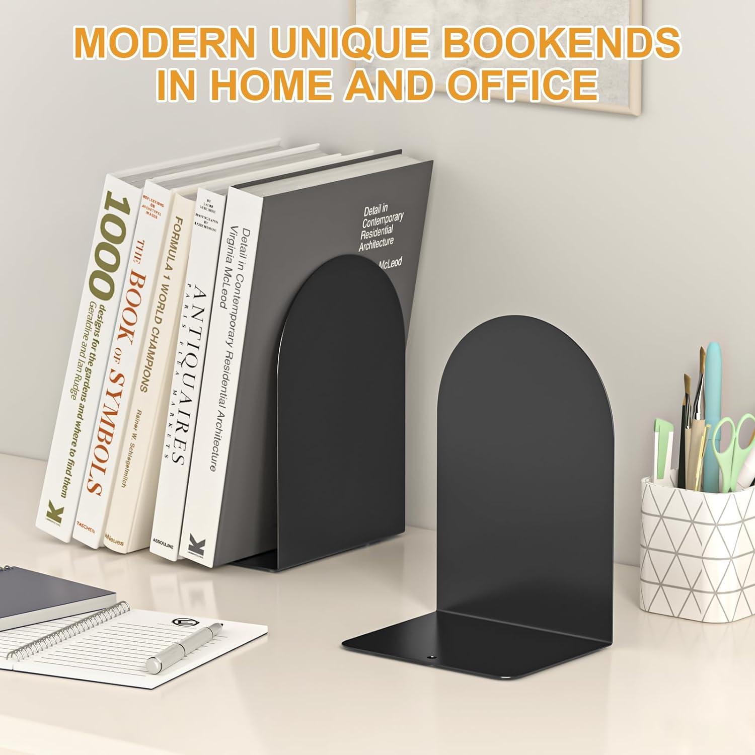 1 Pair Metal Bookend Heavy Duty and Decorative Modern Design with Non-Skid Base (Black)