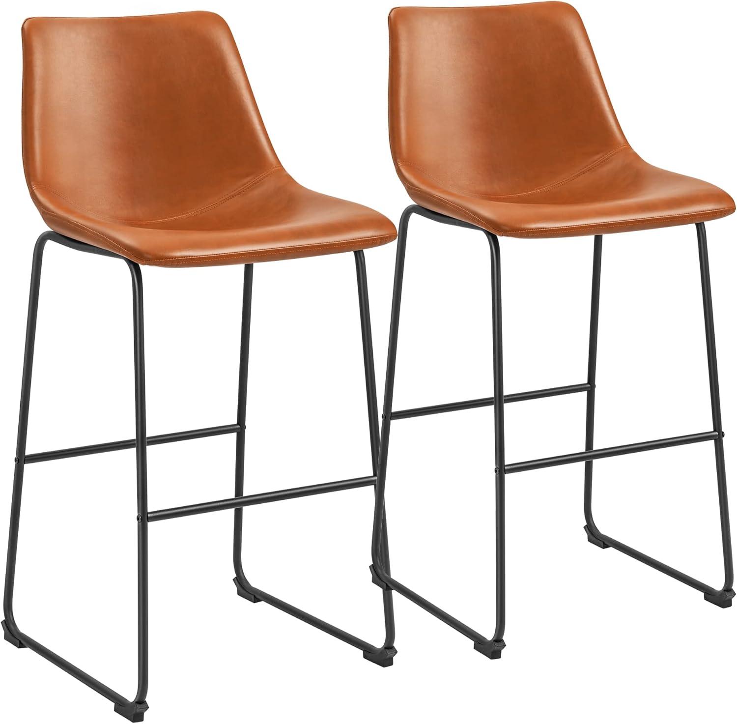 Brown Leather Counter Height Bar Stools with Metal Legs, Set of 2