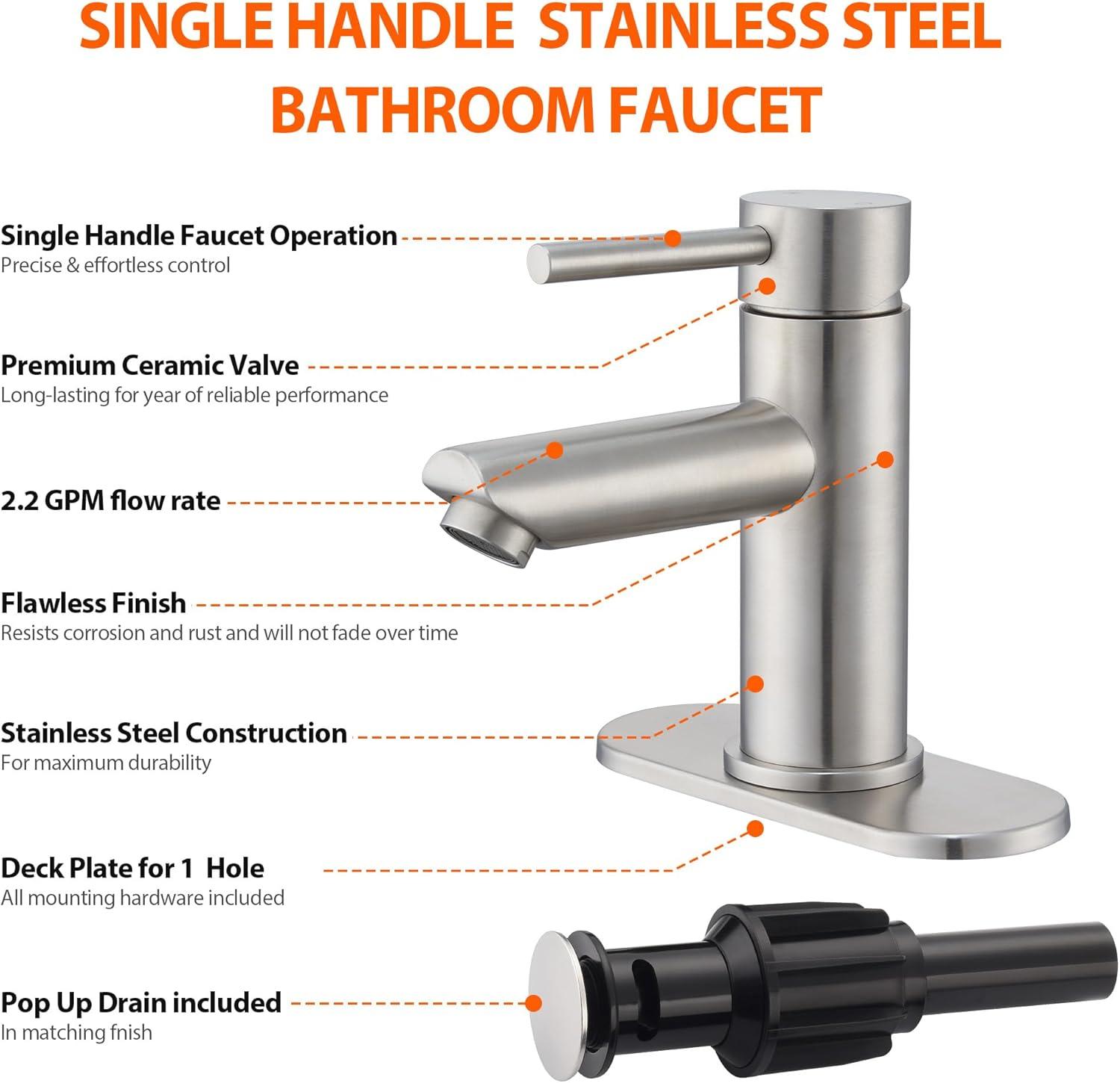 Bathroom Sink Faucet One Hole,Lavatory Tap for Basin,Matte Black Bathroom Sink Faucet with Metal Pop Up Drain Assembly， Bathroom Faucet 1 Hole with 3 Hole Deck Plate