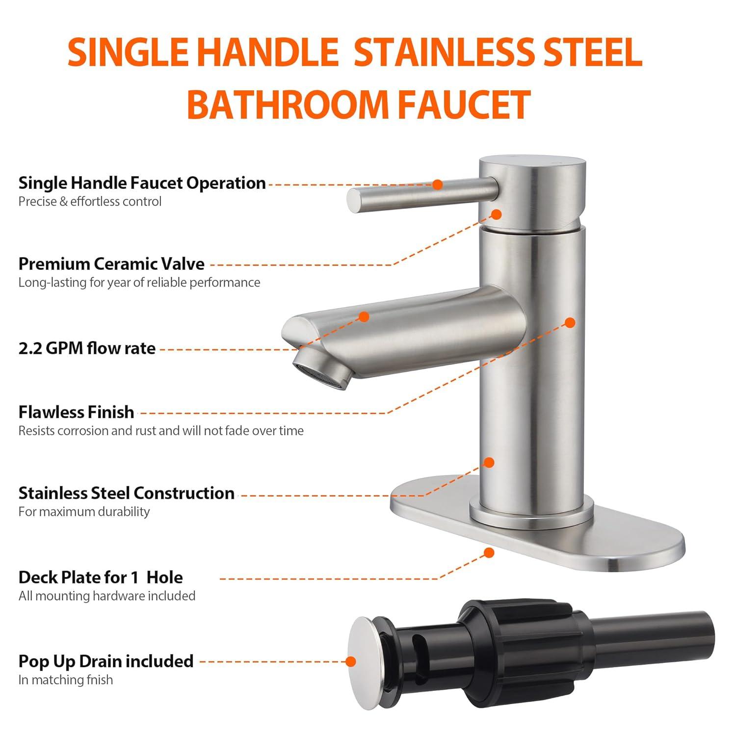 Bathroom Sink Faucet One Hole,Lavatory Tap for Basin,Matte Black Bathroom Sink Faucet with Metal Pop Up Drain Assembly， Bathroom Faucet 1 Hole with 3 Hole Deck Plate