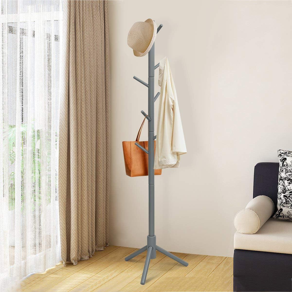 VASAGLE 8 Hooks Solid Wood Coat Rack Free Standing Coat Rack Tree-Shaped Coat Rack with for Clothes Hats Bags for Living Room Bedroom Grey