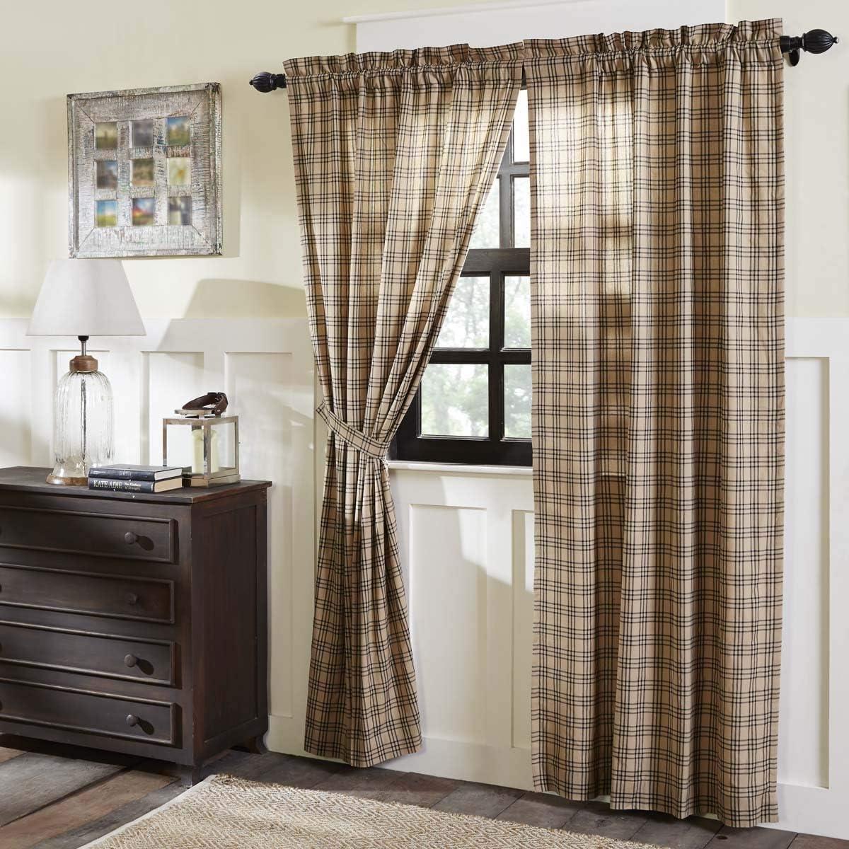 VHC Brands Farmhouse Window Curtains-Sawyer Mill Tan Panel Pair, One Size, Charcoal Black