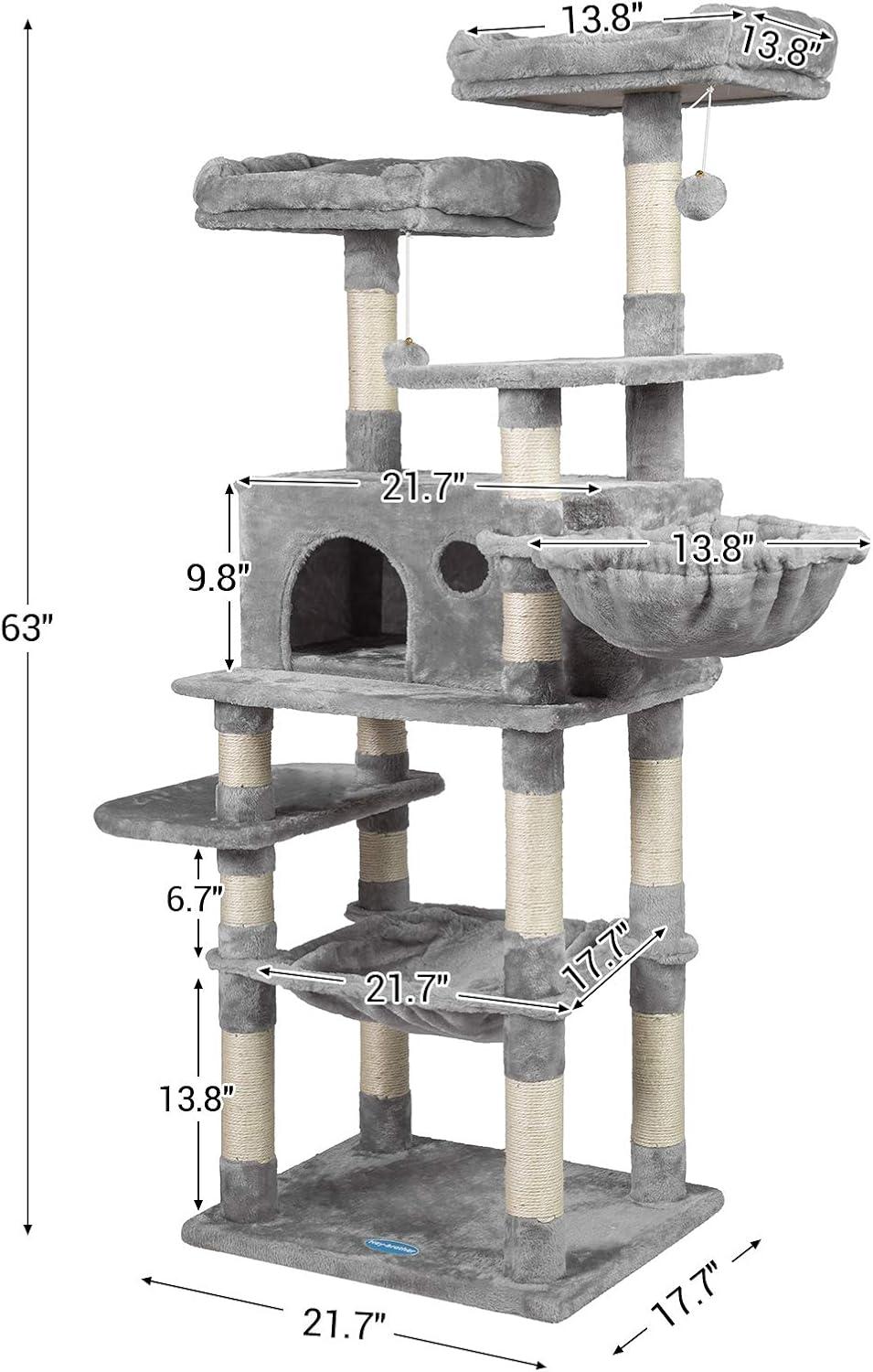 Hey-brother Cat Tree for Large Cats, Cat Tower with Scratching Posts, 2 Padded Plush Perches, Big Condo and Cozy Basket, Smoky Gray MPJ025G