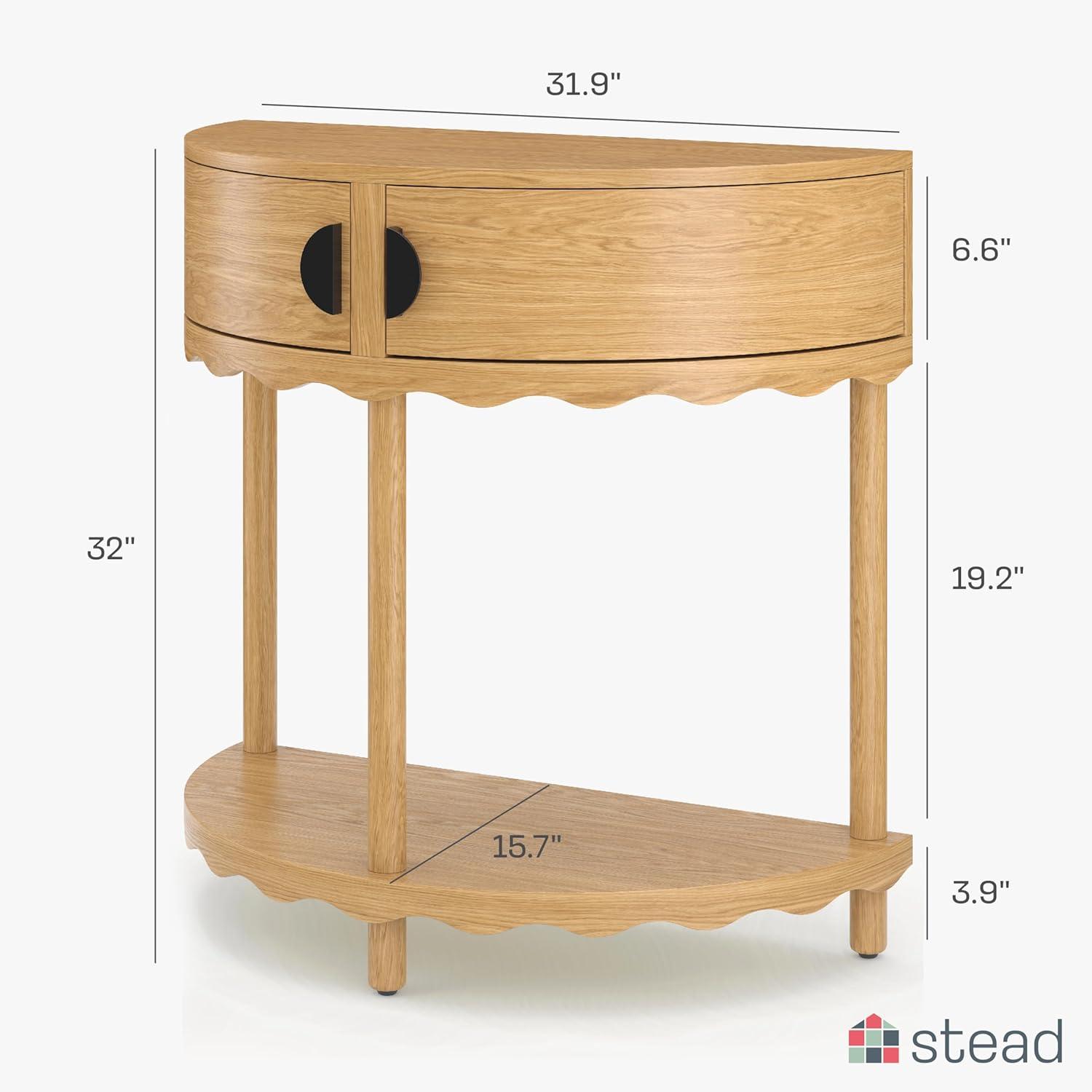 Scalloped Skirt Half Moon Console Table - Solid Wood Entryway Table with Two Doors (Natural Oak)