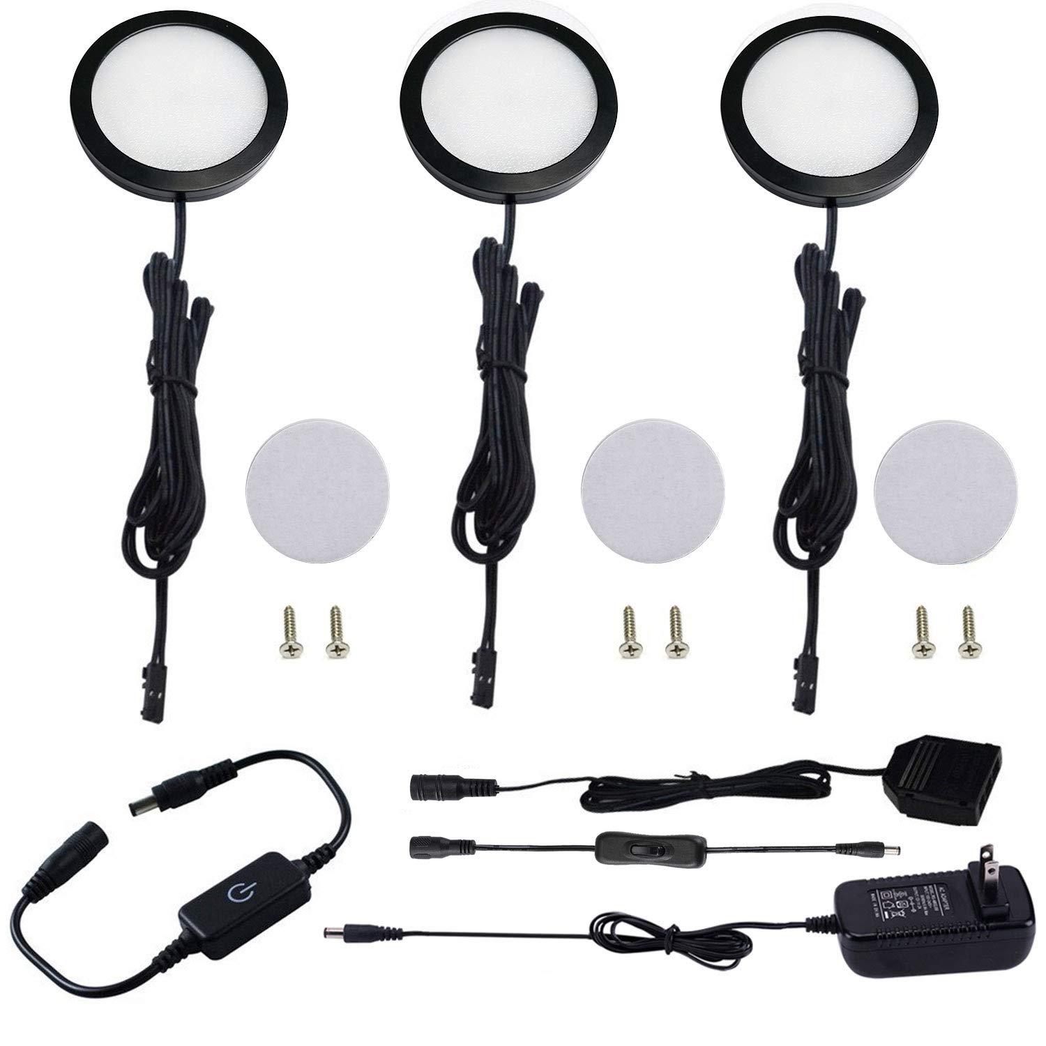 AIBOO LED Under Cabinet Lighting Black Cover Puck Lights Kit with Touch Dimmer Switch (3 Lights,Warm White)