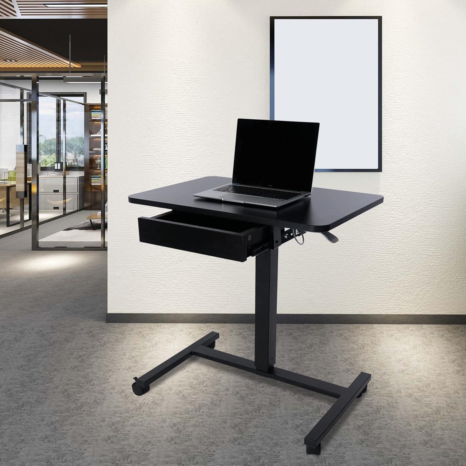 Black Adjustable Height Laptop Cart with Drawer