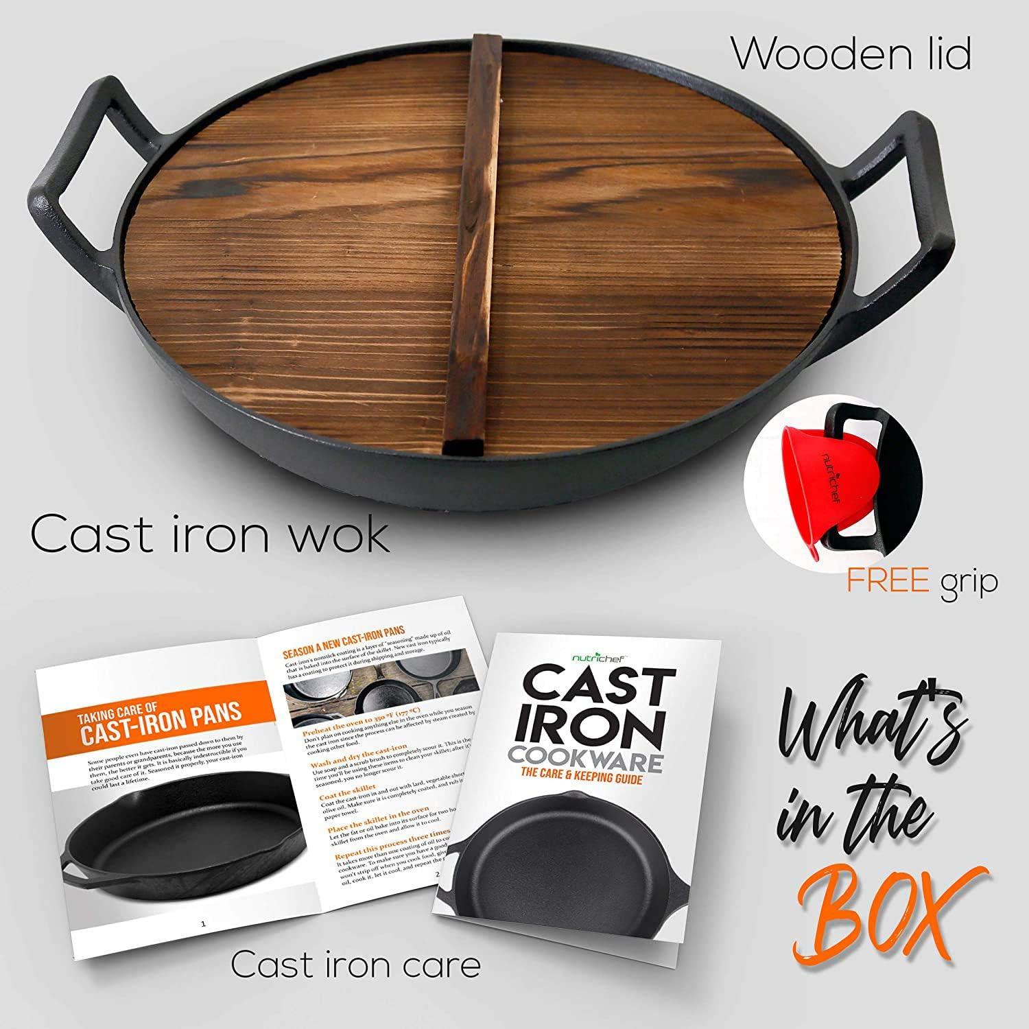 Open Box NutriChef Cooking Wok Cast Iron Stir Fry Pan with Wooden Lid, Black