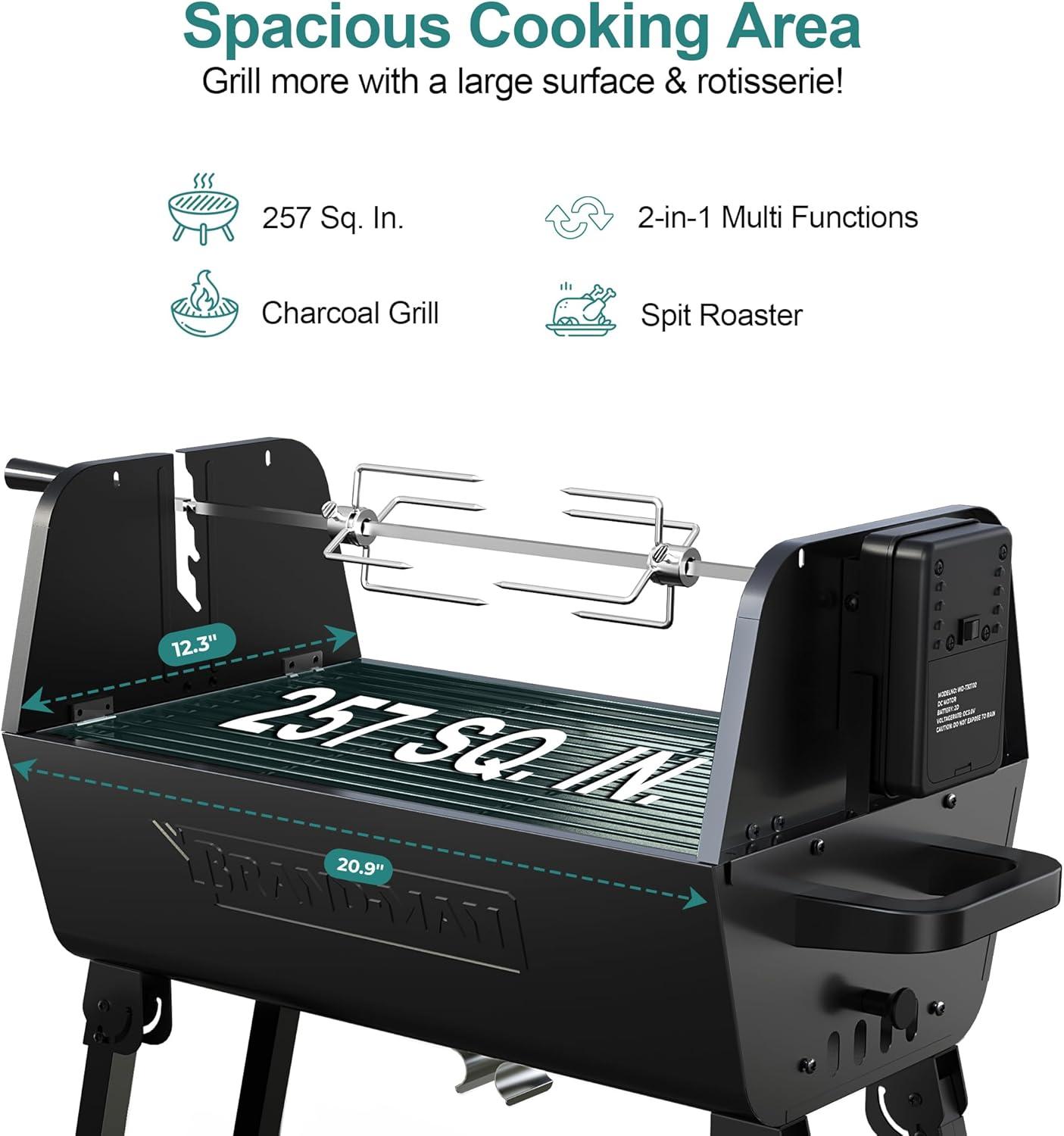 Brand-Man 2 in 1 Charcoal Grill with Rotisserie Grill Kit, Portable ‎Enameled Steel Barbecue Grill, Stainless Steel Spit Roaster with Motor & Adjustable Height for Backyard Camping Patio Tailgating