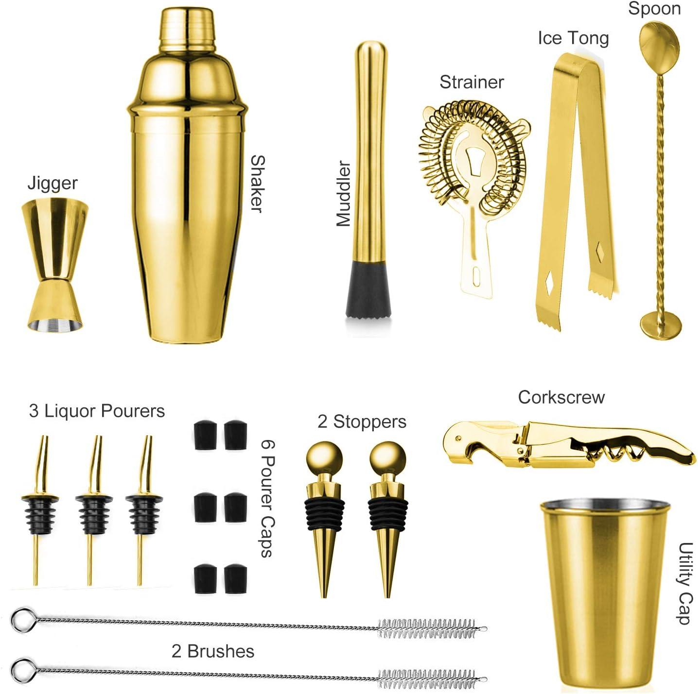 Soing Gold 24-Piece Cocktail Shaker Set,Perfect Home Bartending Kit for Drink Mixing,Stainless Steel Bar Tools With Stand,Velvet Carry Bag & Recipes Included