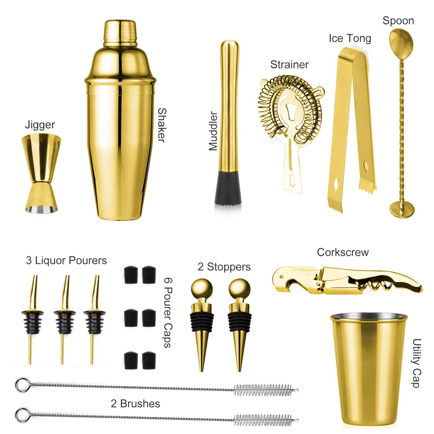 Soing Gold 24-Piece Cocktail Shaker Set,Perfect Home Bartending Kit for Drink Mixing,Stainless Steel Bar Tools with Stand,Velvet Carry Bag & Recipes Included