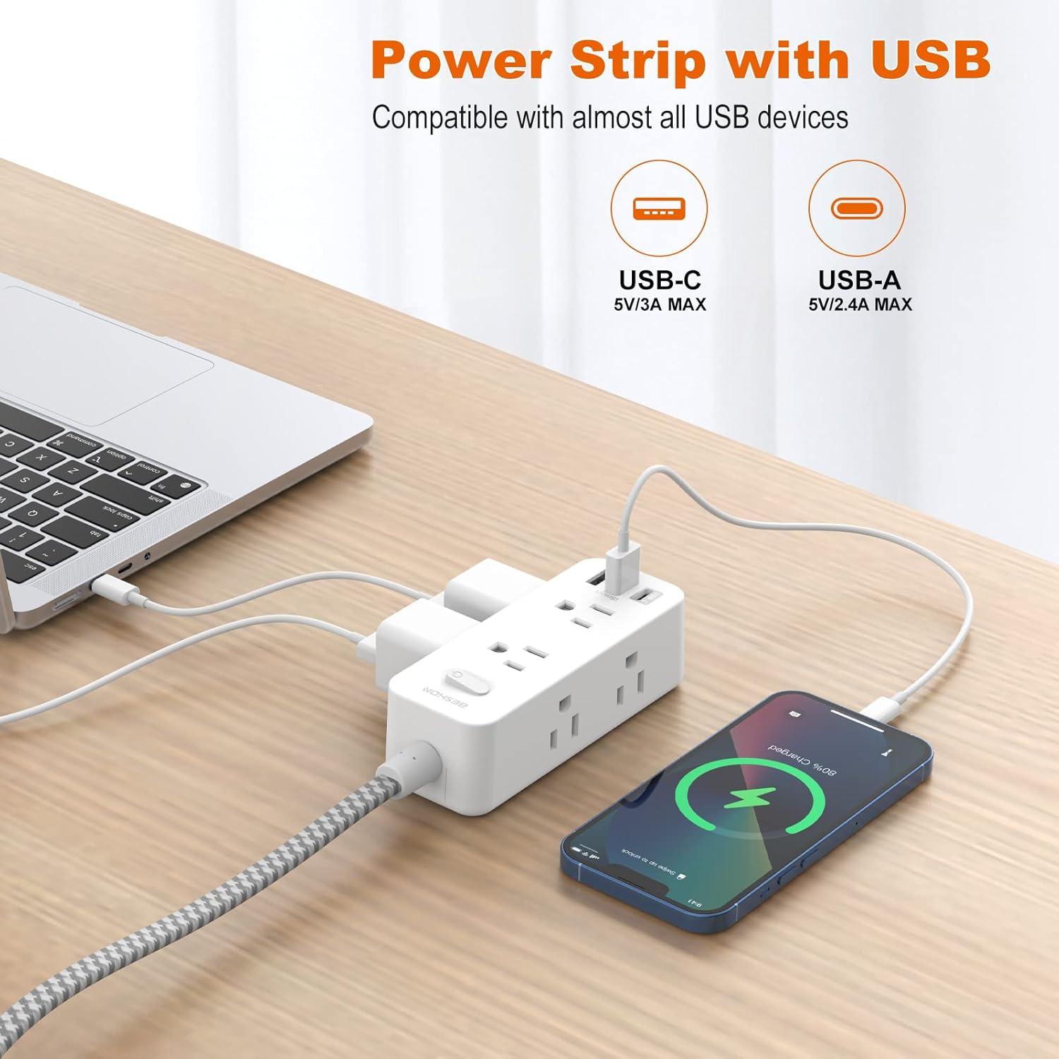 10 FT Extension Cord, Surge Protector Power Strip with 6 Widely AC Outlets 3 USB Ports(1 USB C),3-Side Outlet Extender, Flat Plug, Wall Mount for Home, Office,Travel and Dorm Essential