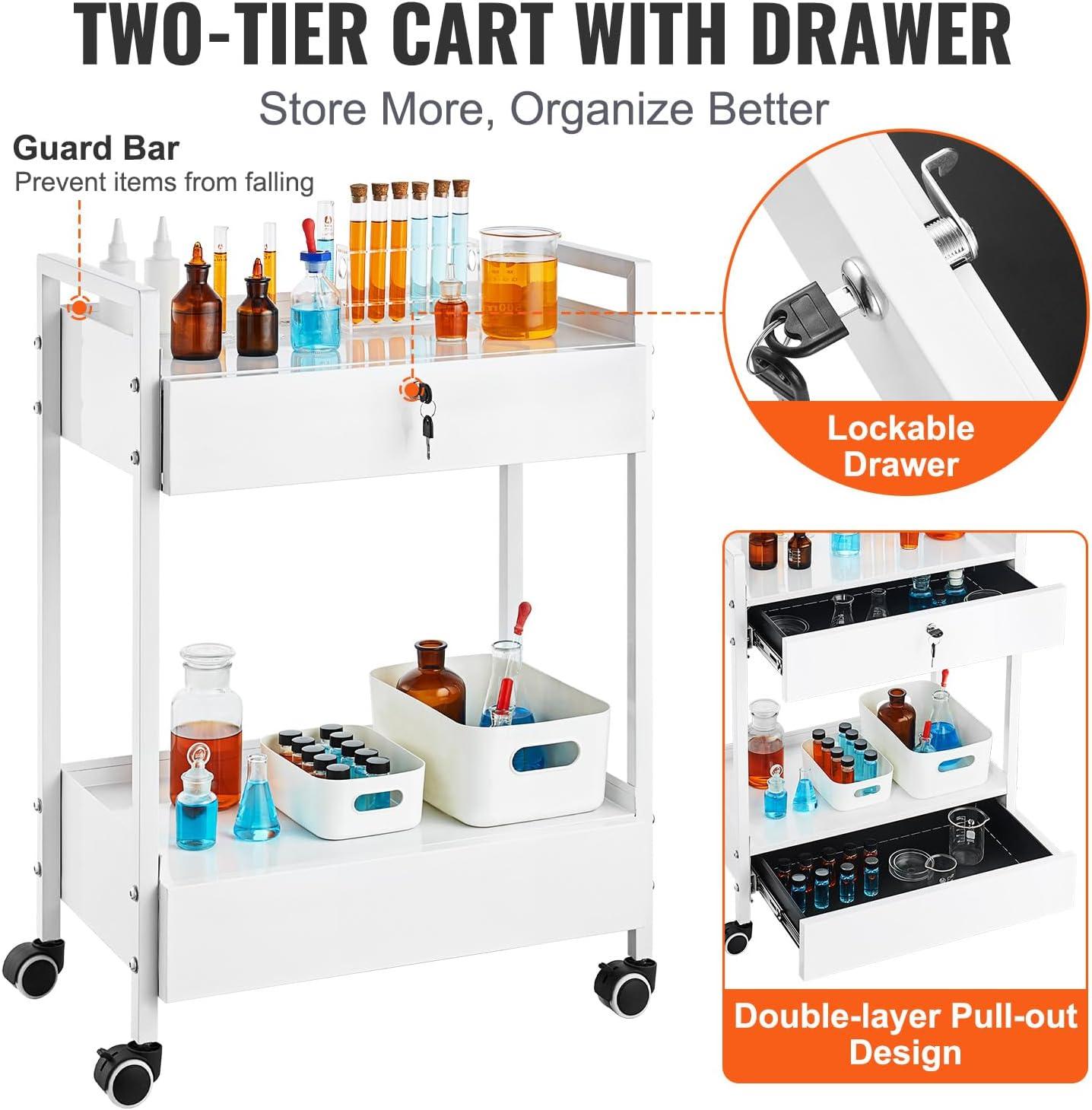 VEVOR Lab Rolling Cart, 2-Shelf Stainless Steel Rolling Cart, Lab Serving Cart with Swivel Casters, Dental Utility Cart for Clinic, Lab, Hospital, Salon, 15.16"x21.57"x34.06"