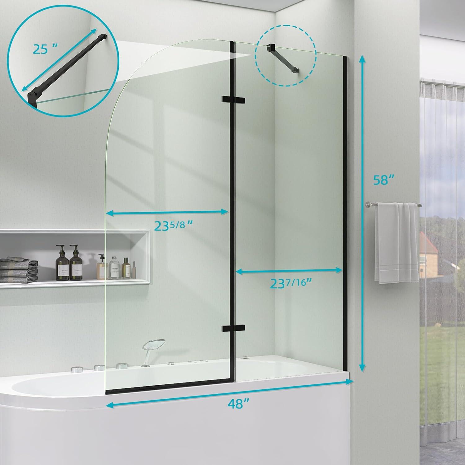 48" W X 58" H Folding Swing Frameless Bathtub Door For Shower With Tempered Glass Pivot Glass Shower Door For Tub With Support Bar
