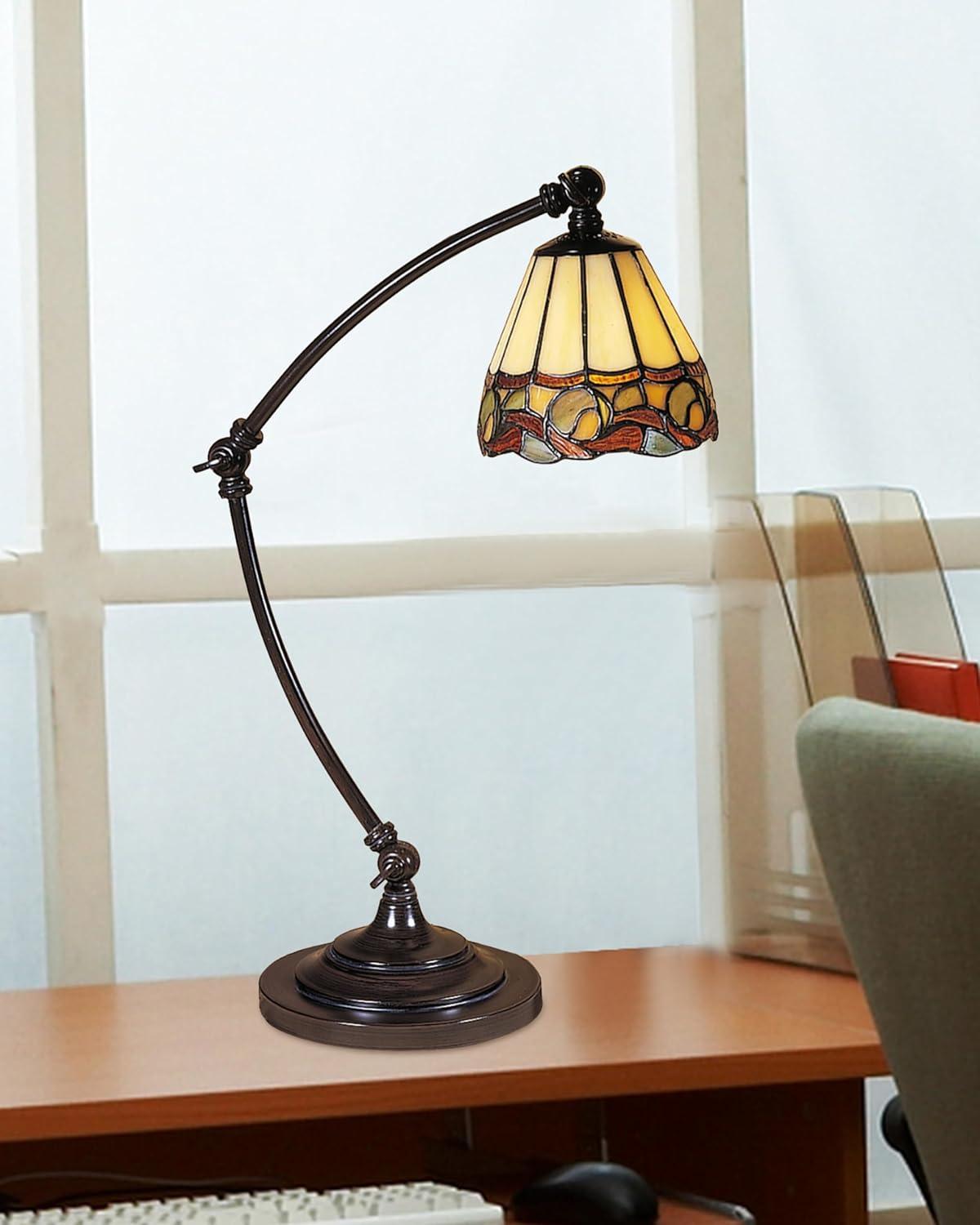 Adjustable Mica Bronze Arc Desk Lamp with Stained Glass Shade