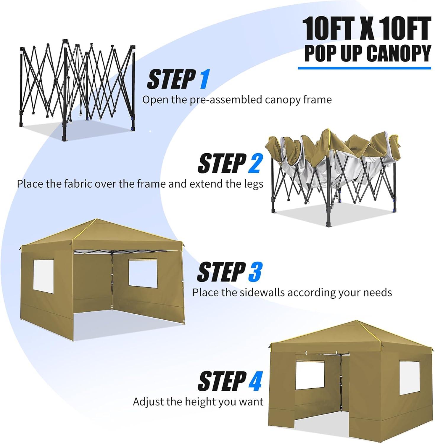 Khaki 10x10 Waterproof Alloy Steel Pop Up Canopy Tent