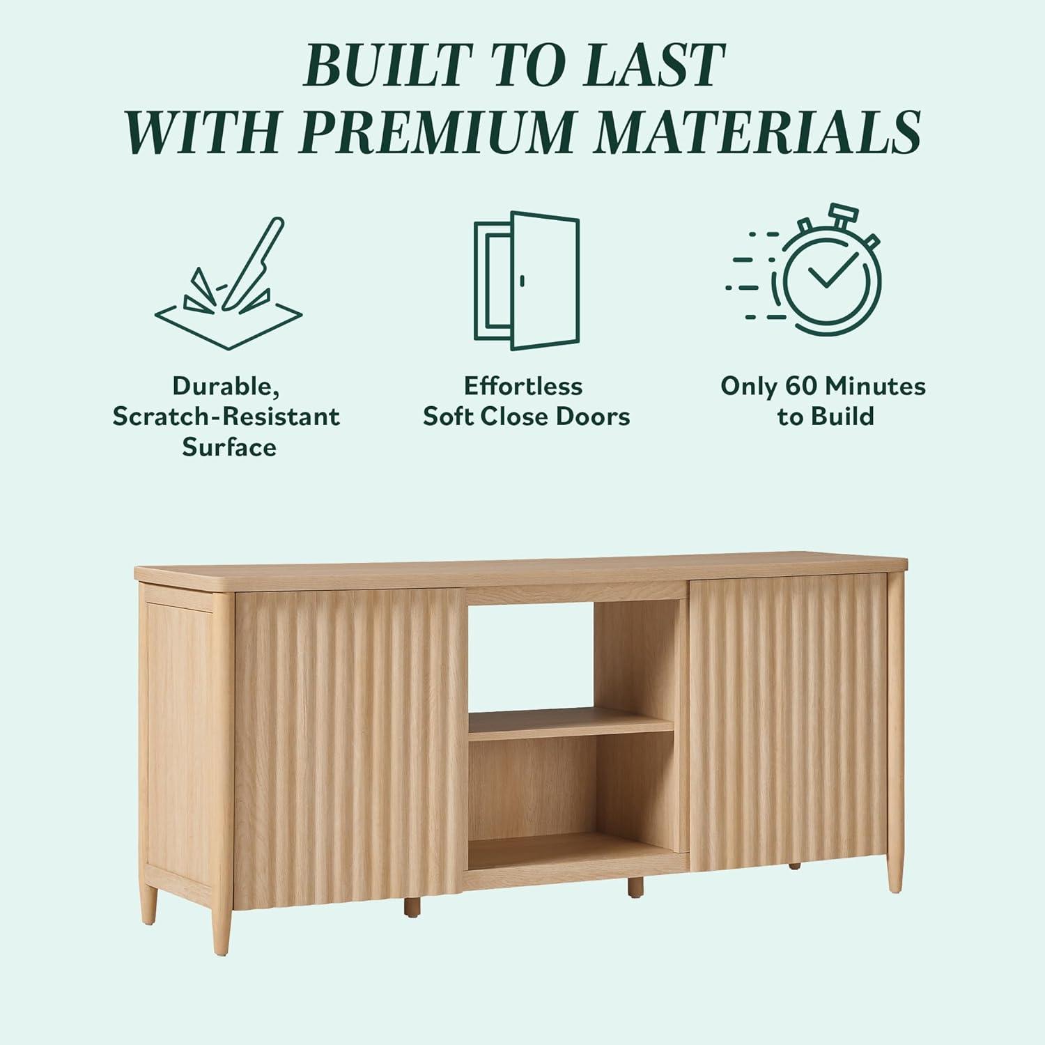 Scandinavian Reeded TV Stand with Storage for up to 70" TVs, Coastal Oak