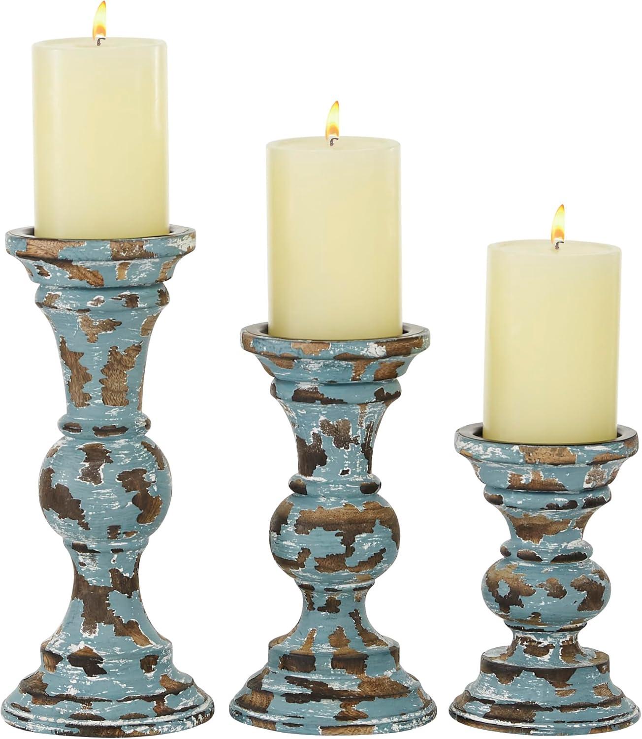 Distressed Light Blue Mango Wood Candelabra Set of 3