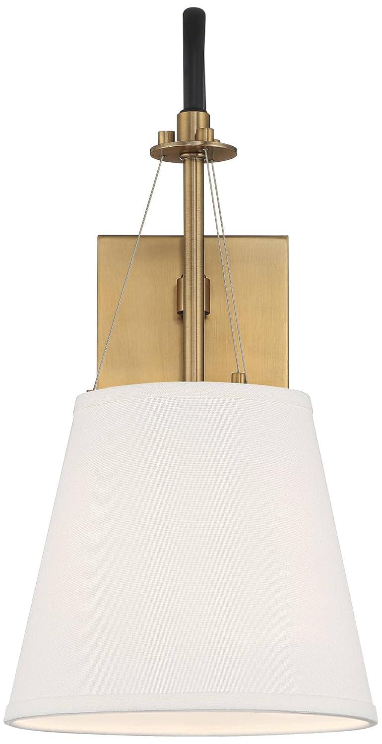 Possini Euro Design Mid Century Modern Wall Light Sconce Brass Black Hardwired 8" Fixture White Linen Shade for Bedroom Living Room