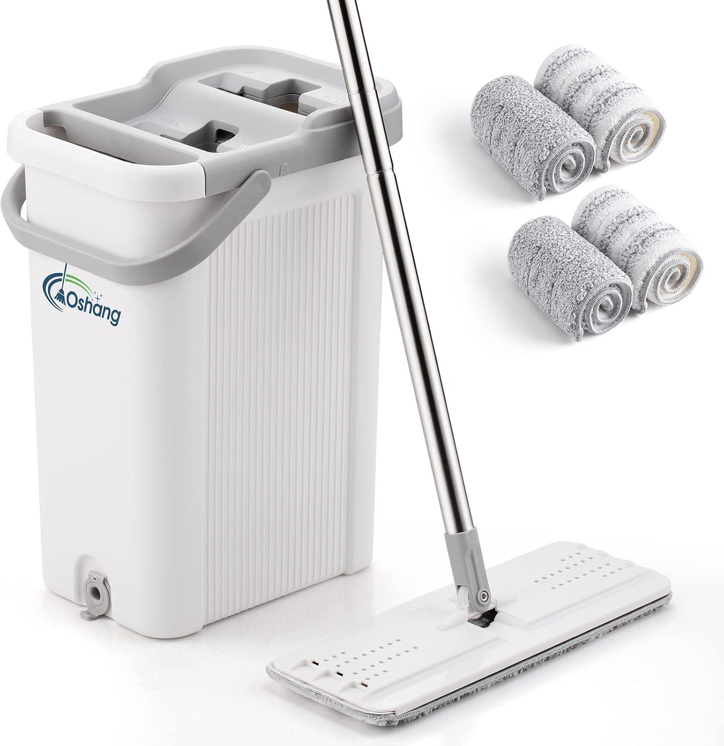 Oshang Oshang Flat Mop and Bucket OG2 - Hand-Free Floor Cleaning Mop - 4 Microfiber Mop Pads Included