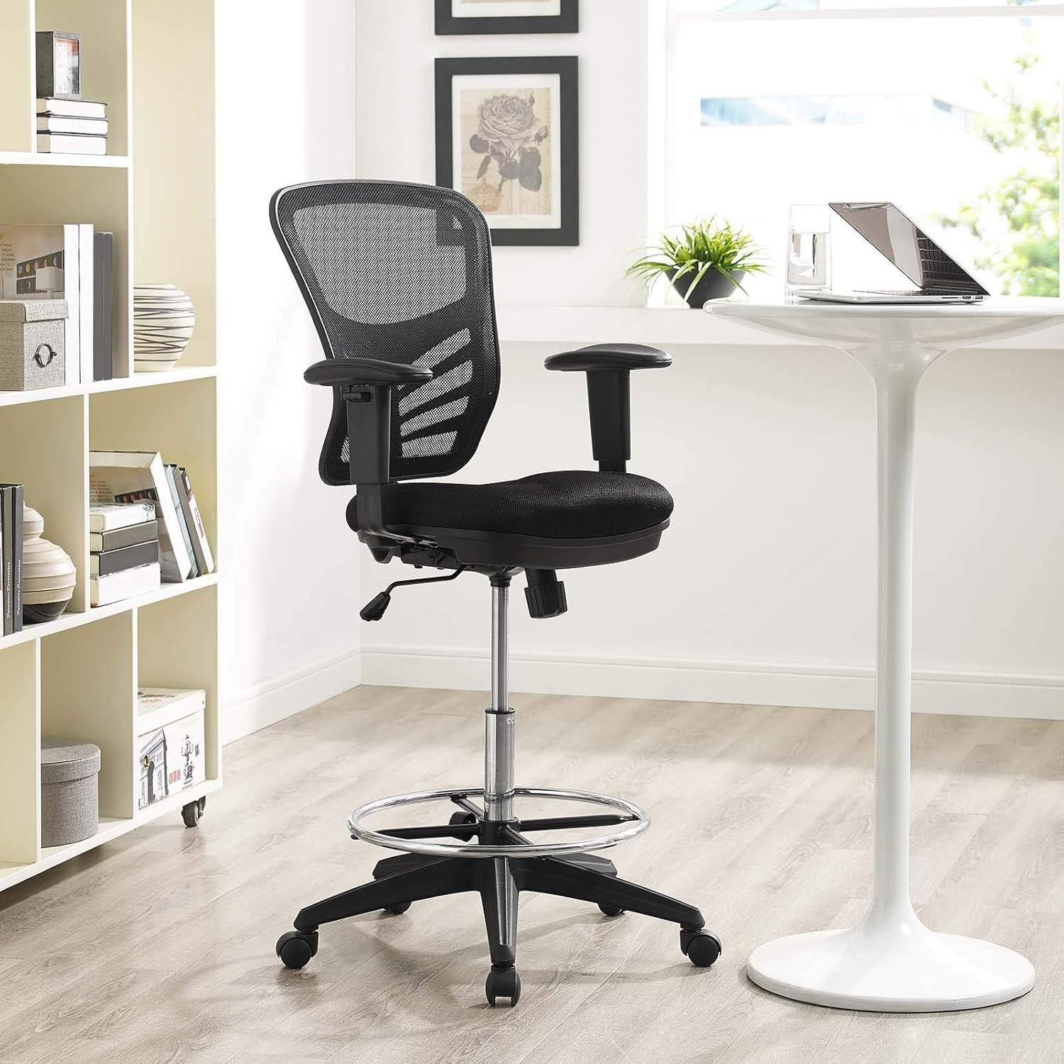 ErgoFlex Black Mesh Drafting Chair with Adjustable Arms & Chrome Footring