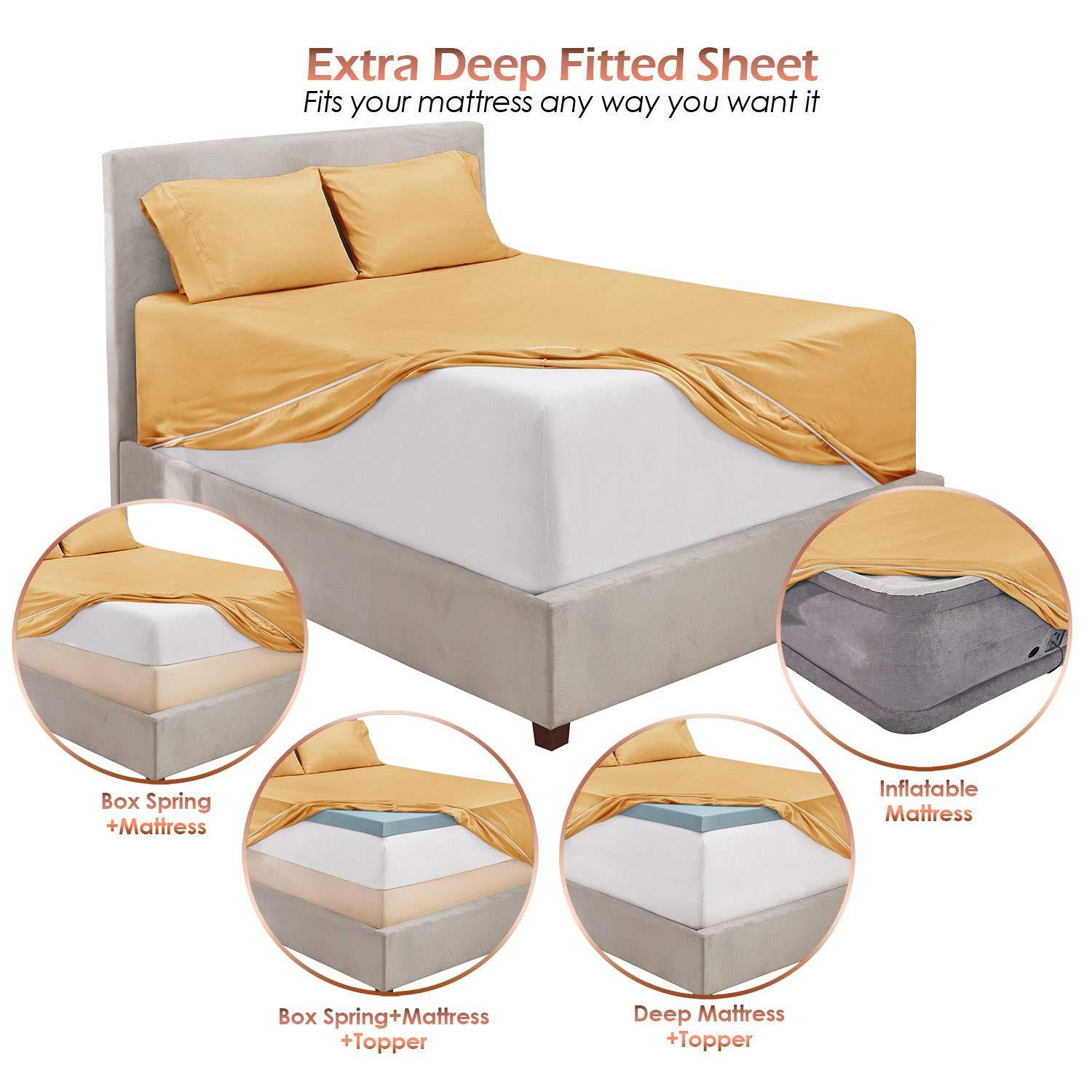 Extra Deep Pocket 4 Piece Bed Sheet Set – Super Deep Fitted Sheet Fits Mattress from 18-24 inces Depth – Double Brushed Microfiber Sheets with 2 Pillow Cases, Twin, Camel