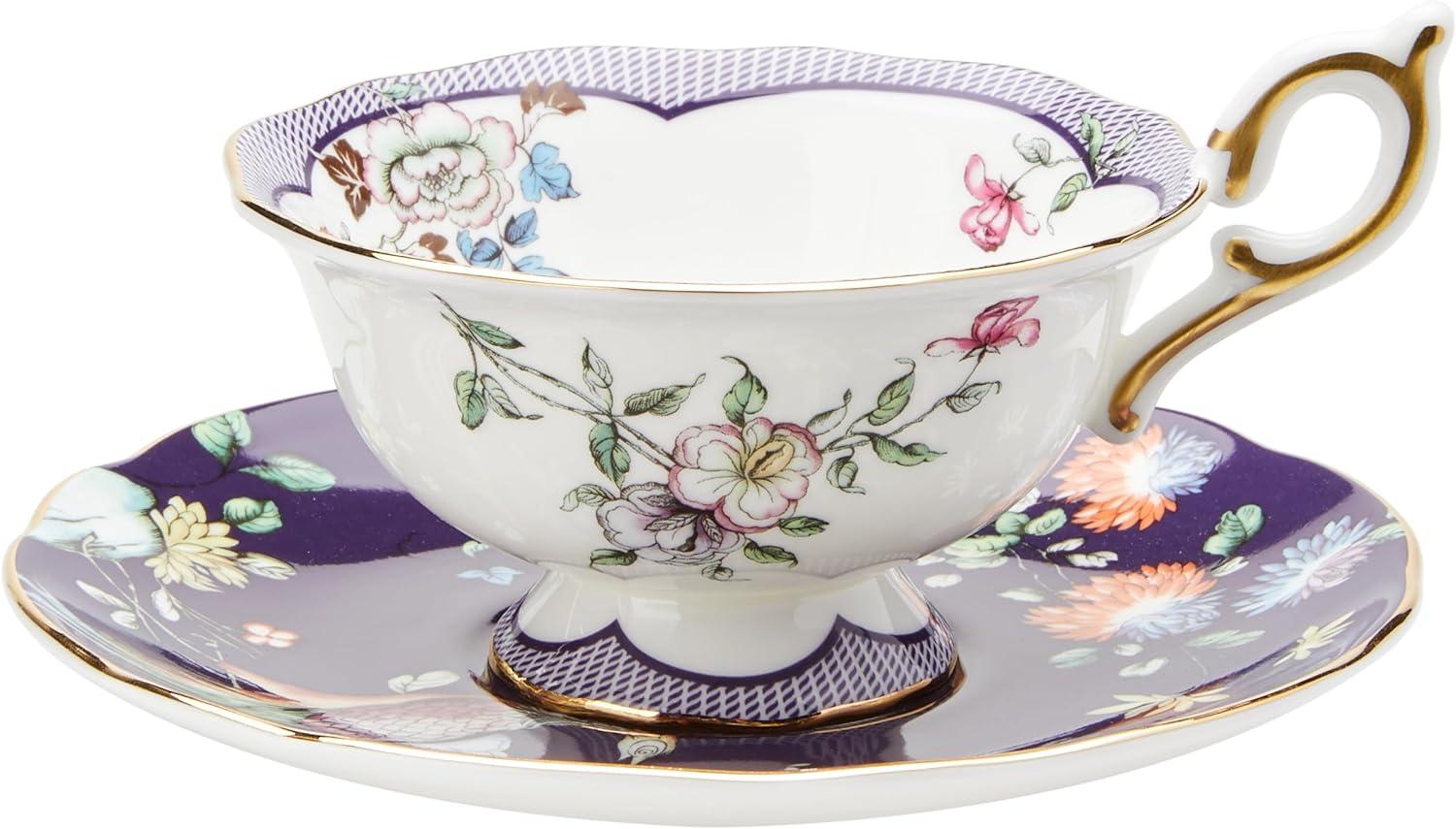 Midnight Crane Floral Bone China Teacup and Saucer Set