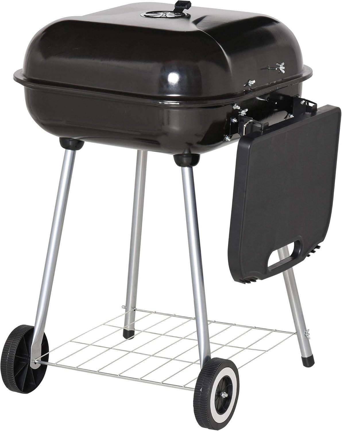 Outsunny 21" Steel Charocal Grill with Portable Wheel, Side Tray and Lower Shelf for Outdoor BBQ for Garden, Backyard, Poolside