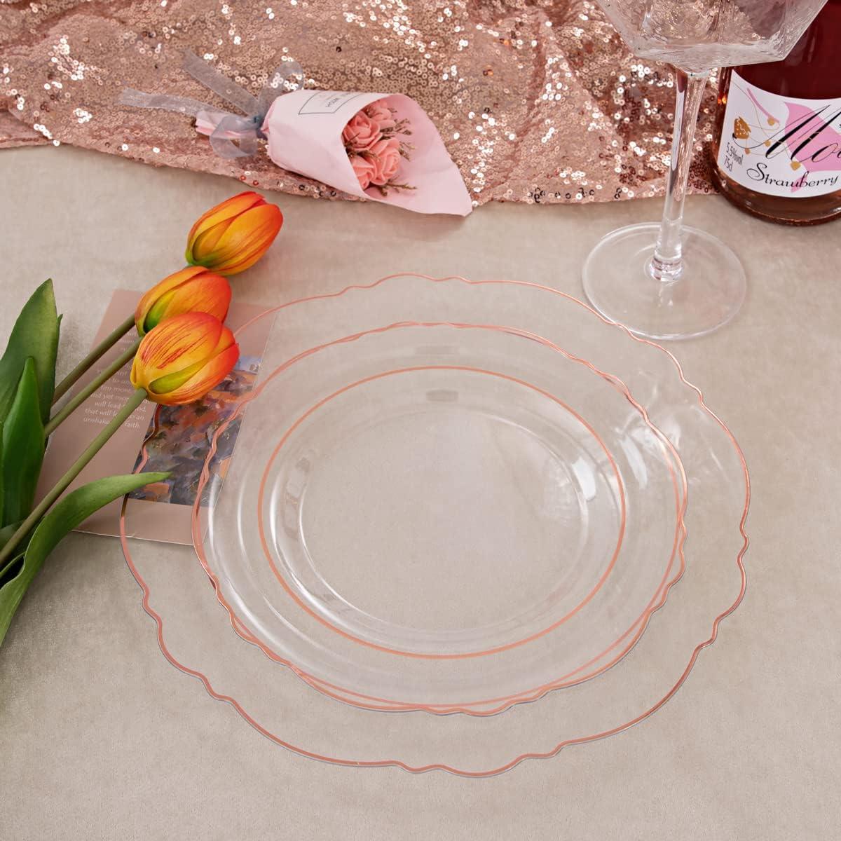 150PCS Rose Gold Plastic Plates - Clear Rose Gold Disposable Plates with Glitter Bamboo Handle Cutlery - 60 Baroque Elegant Plates, 30 Forks, 30 Spoons, 30 Knives for Wedding & party