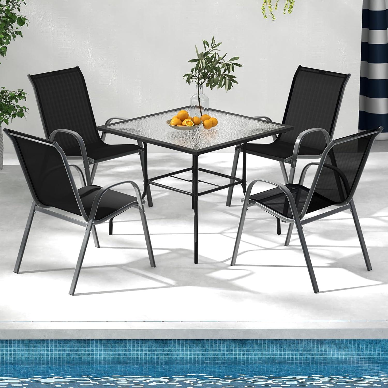 Canddidliike 4 Pieces Stackable Patio Dining Chairs Set with Armrest, Weather Resistant Table and Chairs for Garden Outside, Black