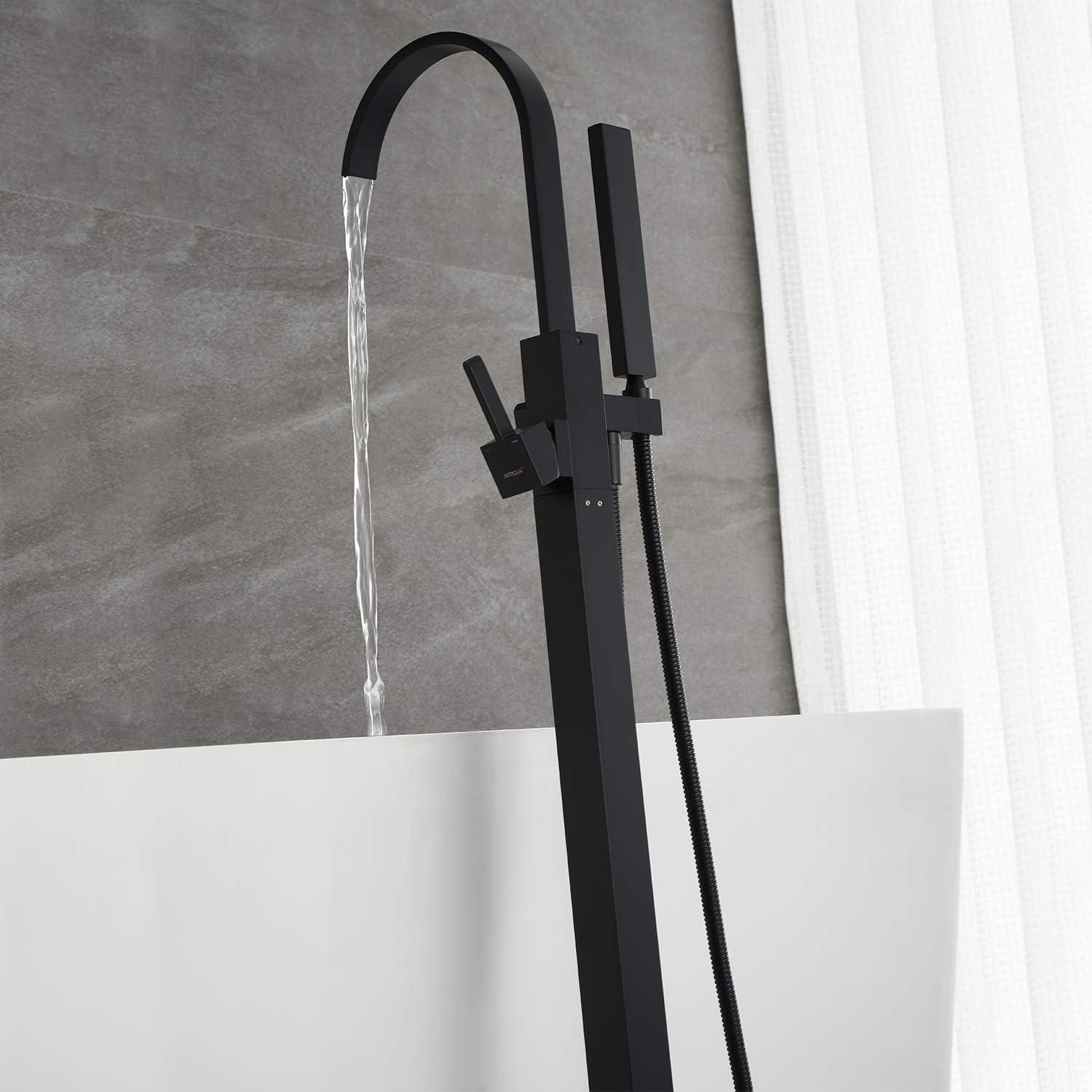 Matte Black Freestanding Floor Mount Tub Faucet with Hand Shower