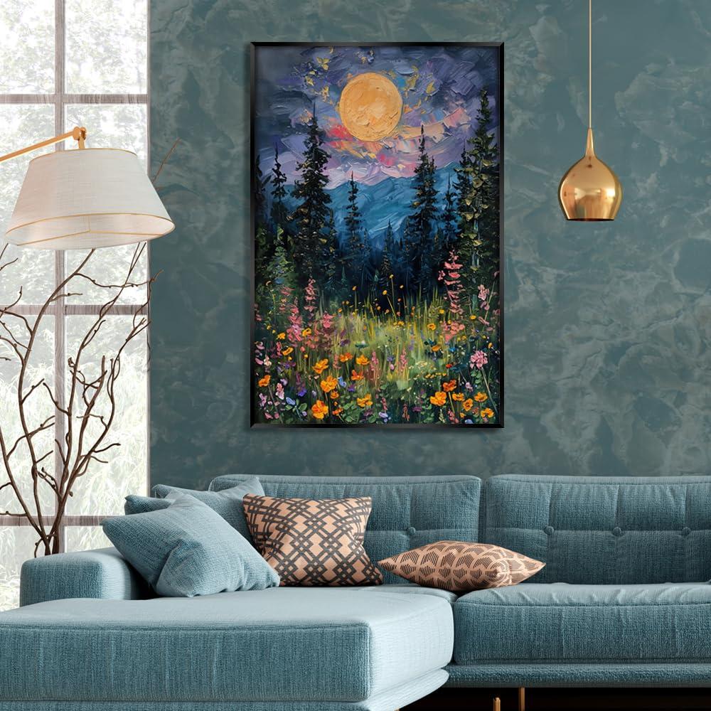 SFAOHPR Mystical Moon and Wildflowers Canvas Wall art Nature Flowers Oil Painting posters for room aesthetic Room Aesthetics Posters for Bedroom living room Home Decor ﻿12x16inch Unframed