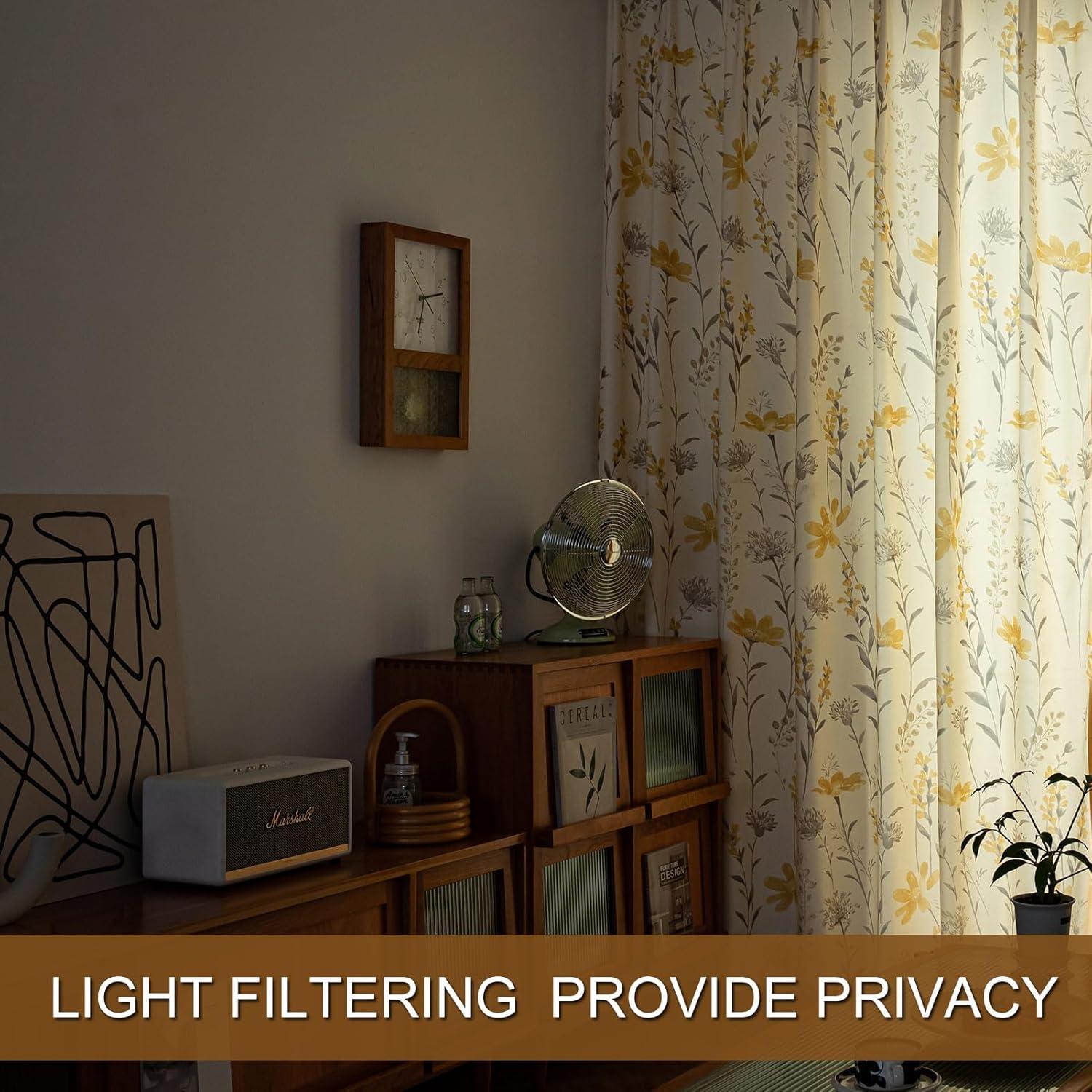 Yellow Floral Grommet Polyester Light-Filtering Drapes, 96"