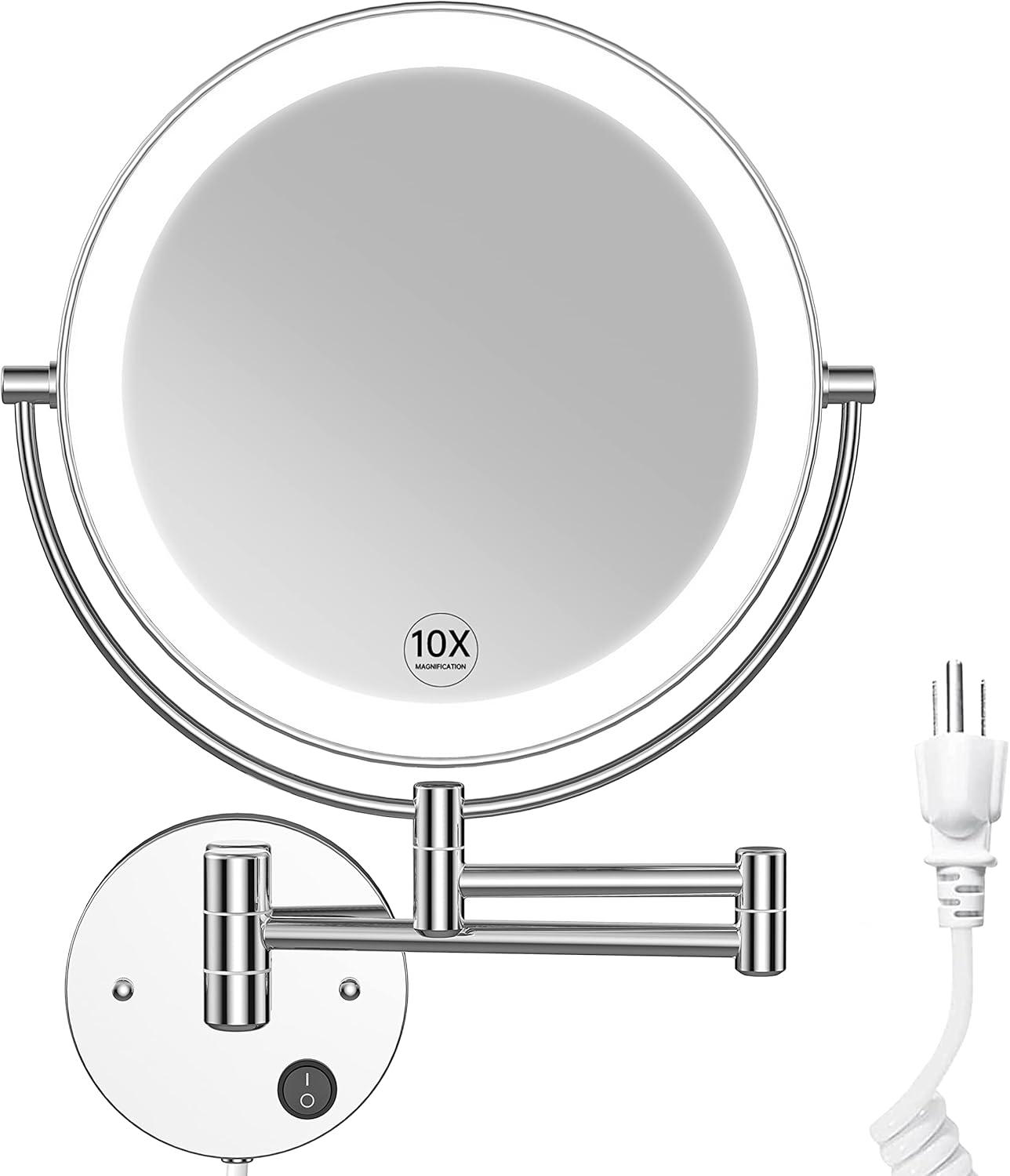 Benbilry 9" Large Size Wall Mounted Makeup Vanity Mirror, 1X/10X Magnifying Double Sided Shaving Mirror for Bathroom, 360° Swivel Extendable Arm Nickel Finish