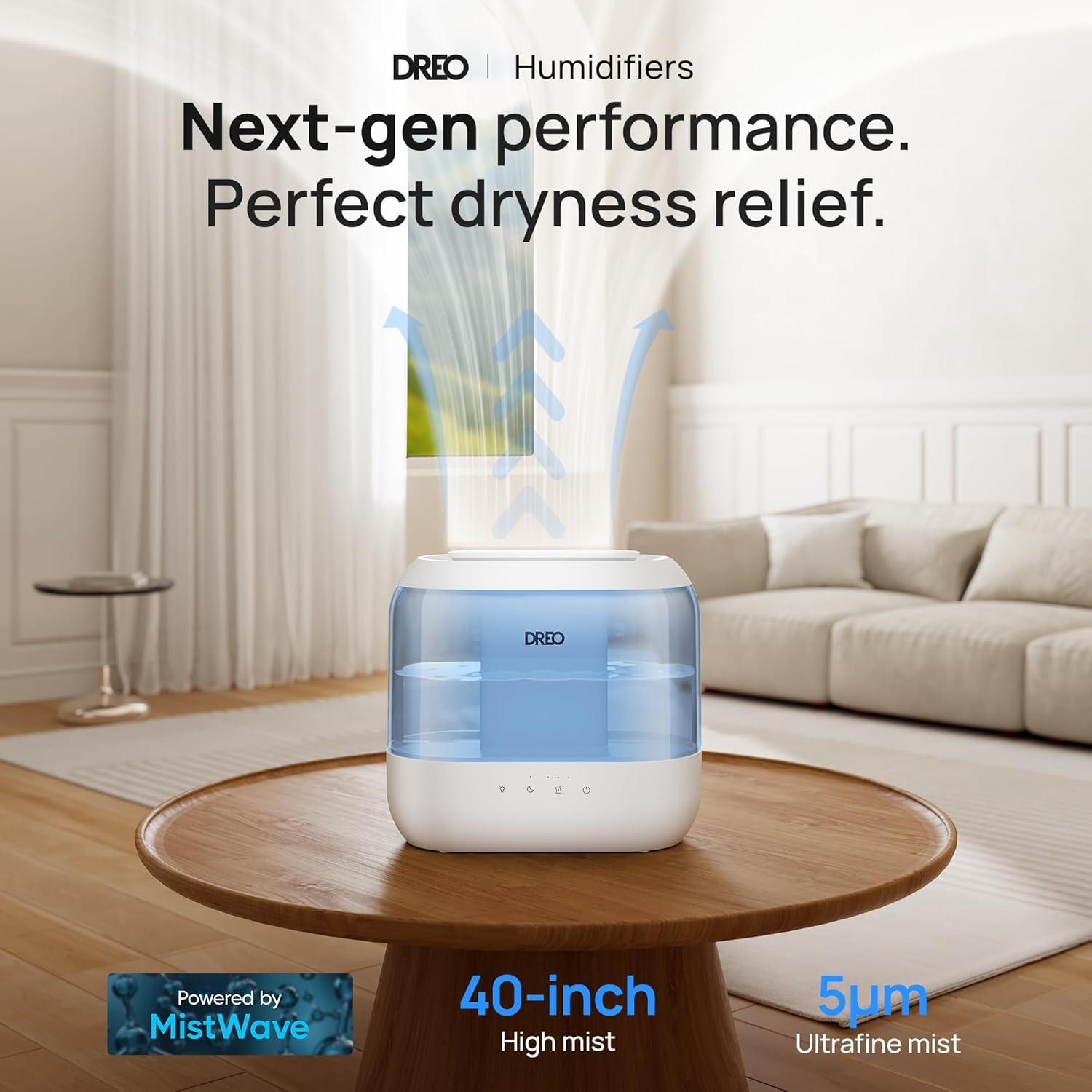 Dreo Humidifiers for Bedroom, Top Fill 4L Supersized Cool Mist Humidifier with Oil Diffuser and Nightlight, 32H Runtime, Quiet Ultrasonic Humidifiers for Home, Large Room, Baby Nursery and Plants