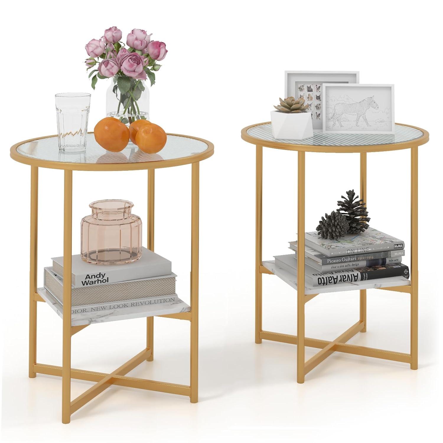 Kepooman End Tables,Side End Table,Nightstand,2-Tier Glass End Table Set of 2 with Faux Marble Storage Shelf-White