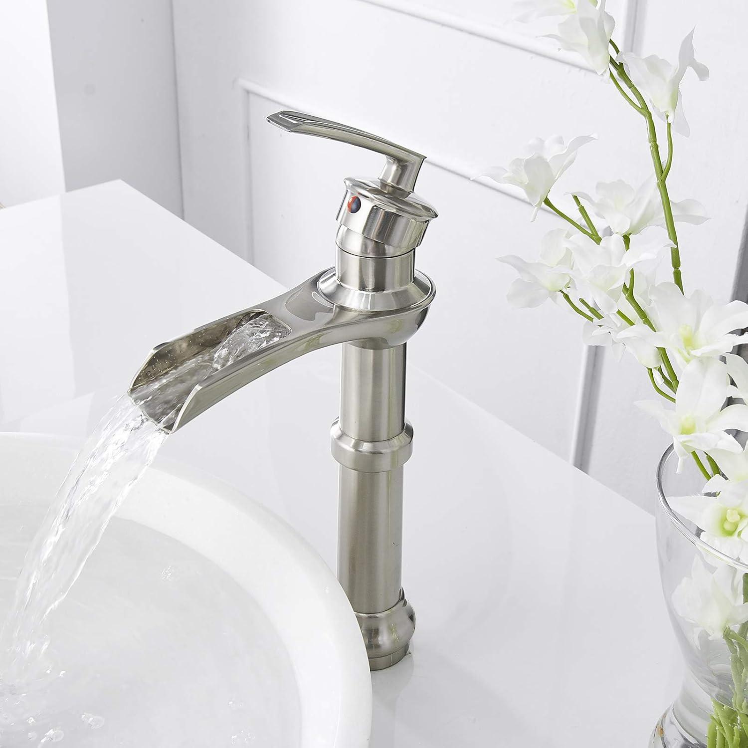 BWE Brushed Nickel Bathroom Faucet with Drain Assembly and Supply Hose Lead-Free Tall Body Waterfall Vessel Sink Faucet Lavatory Single-Handle Mixer Tap