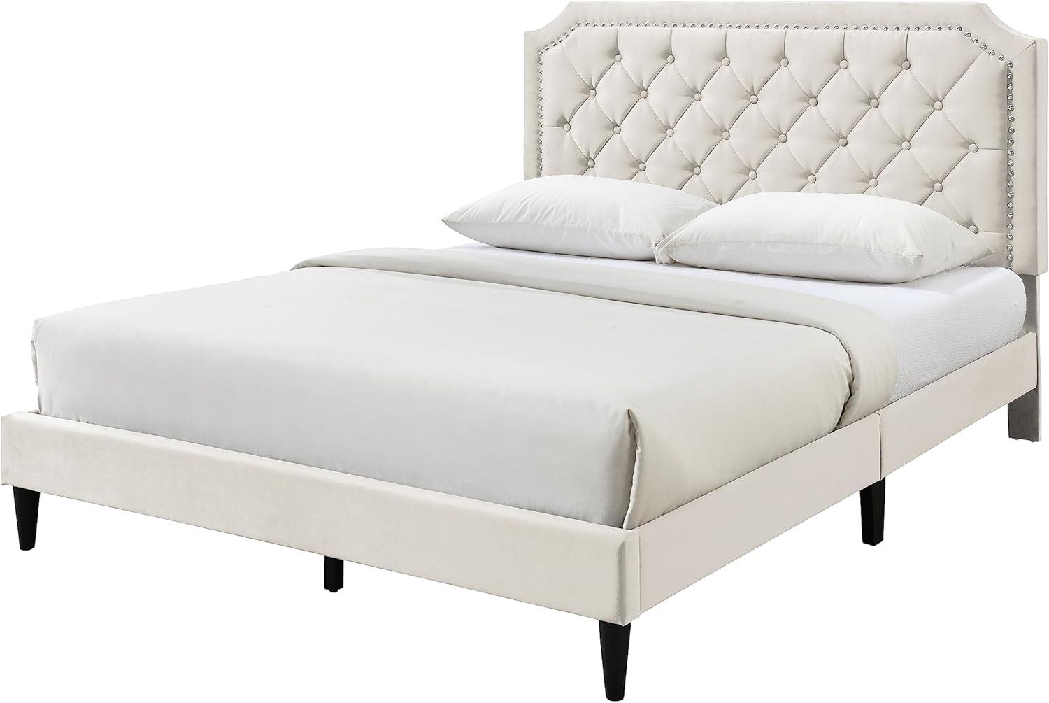Urban Home Furniture Ava Plush Velvet Tufted Buttoned Upholstered Headboard Clipped Edge Nailhead Decorated Platform Bed Frame with Wood Slats Support Legs Full - Beige