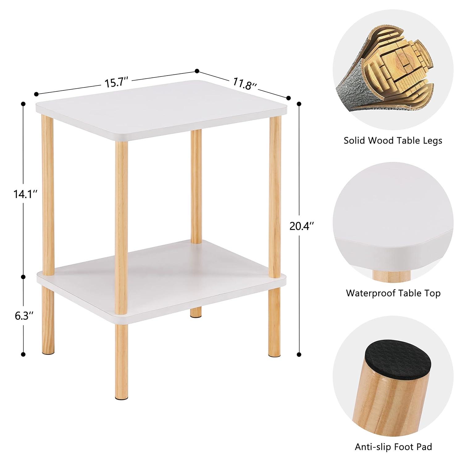 Apicizon 2 Tier End Table Set of 2, Small Side Table with Solid Wood Legs, Boho Bedside Table with Storage Shelf, Nightstand for Small Spaces, Bedroom, Living Room, Entryway, White+Natural