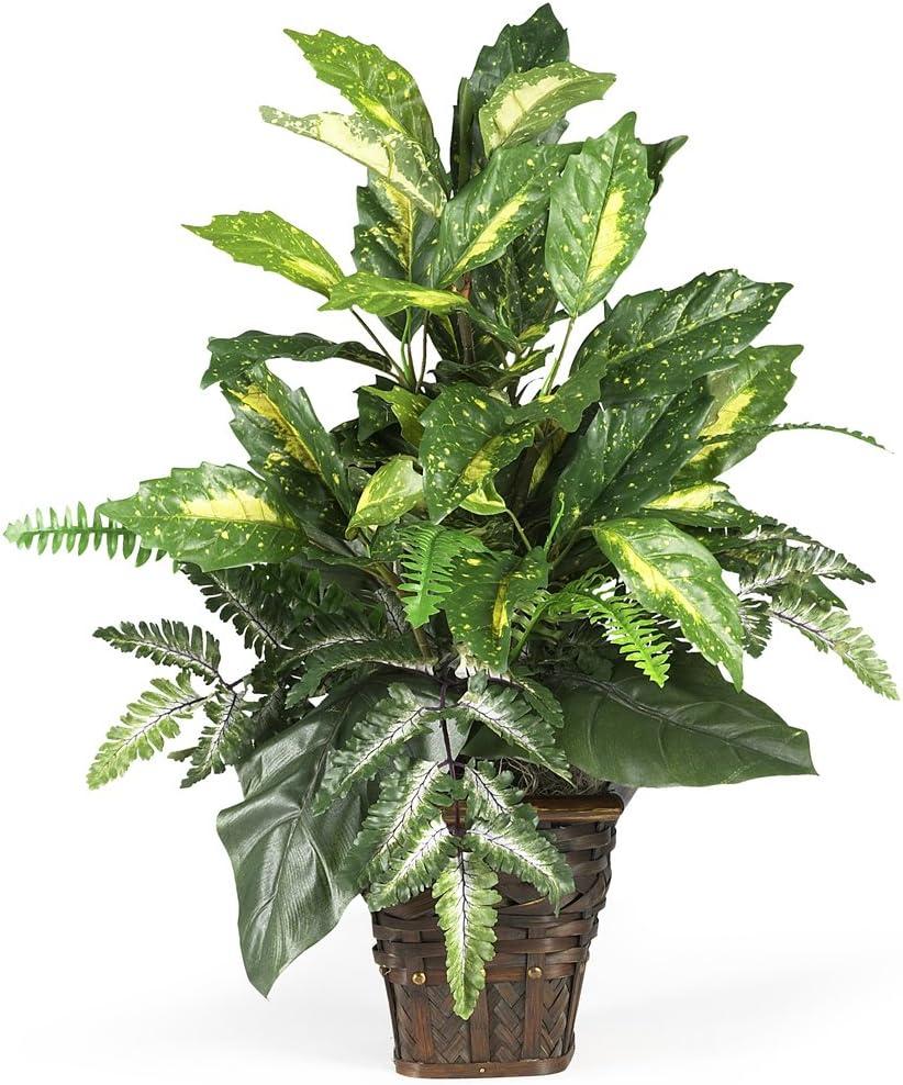 Nearly Natural Green Fern Silk Plant with Wicker Basket