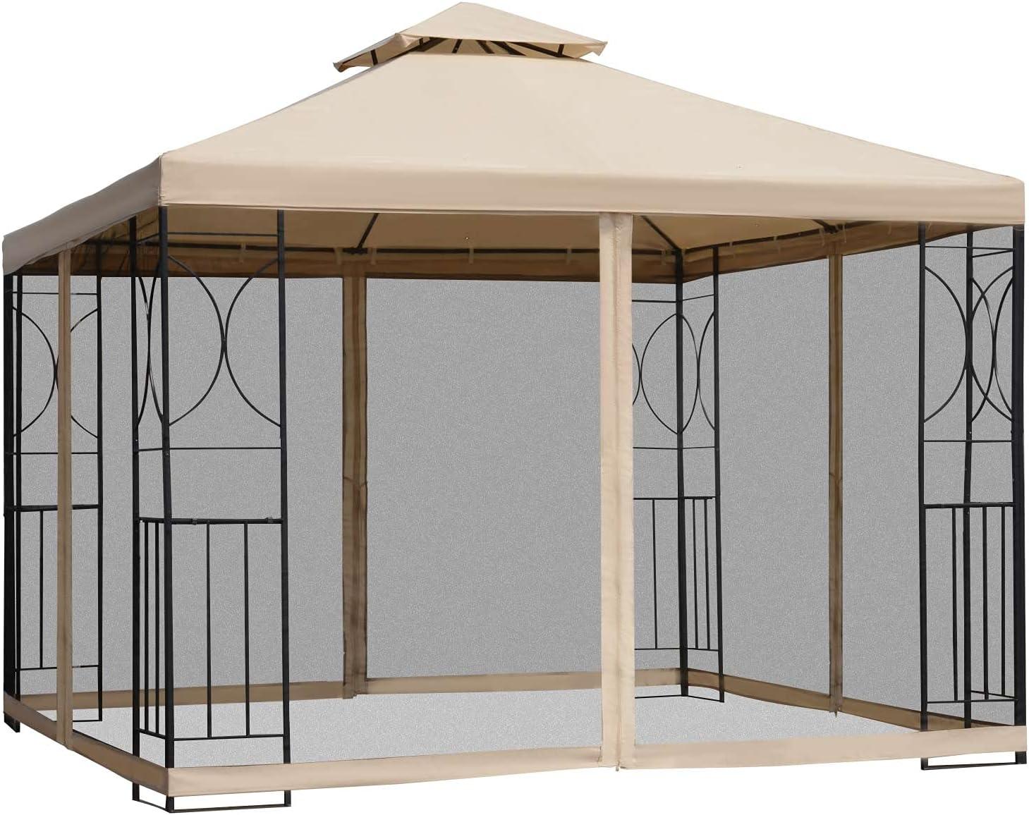 Sand 10' x 10' Steel Patio Gazebo with Netting and Shelves